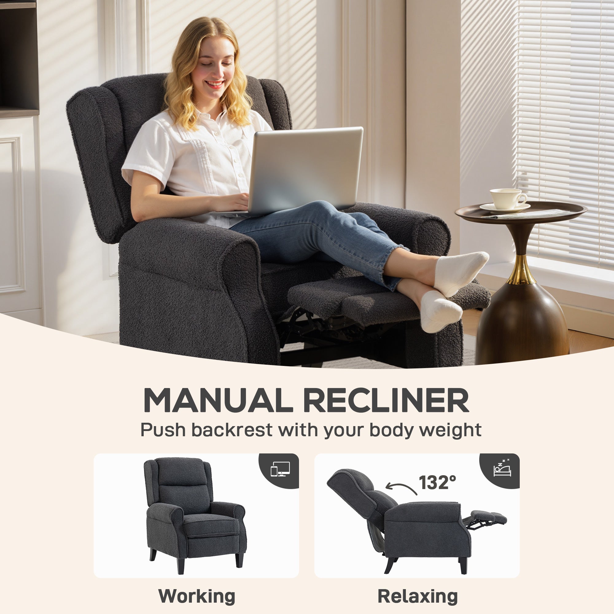 HOMCOM 132° Recliner Armchair, with Extended Footrest - Dark Grey