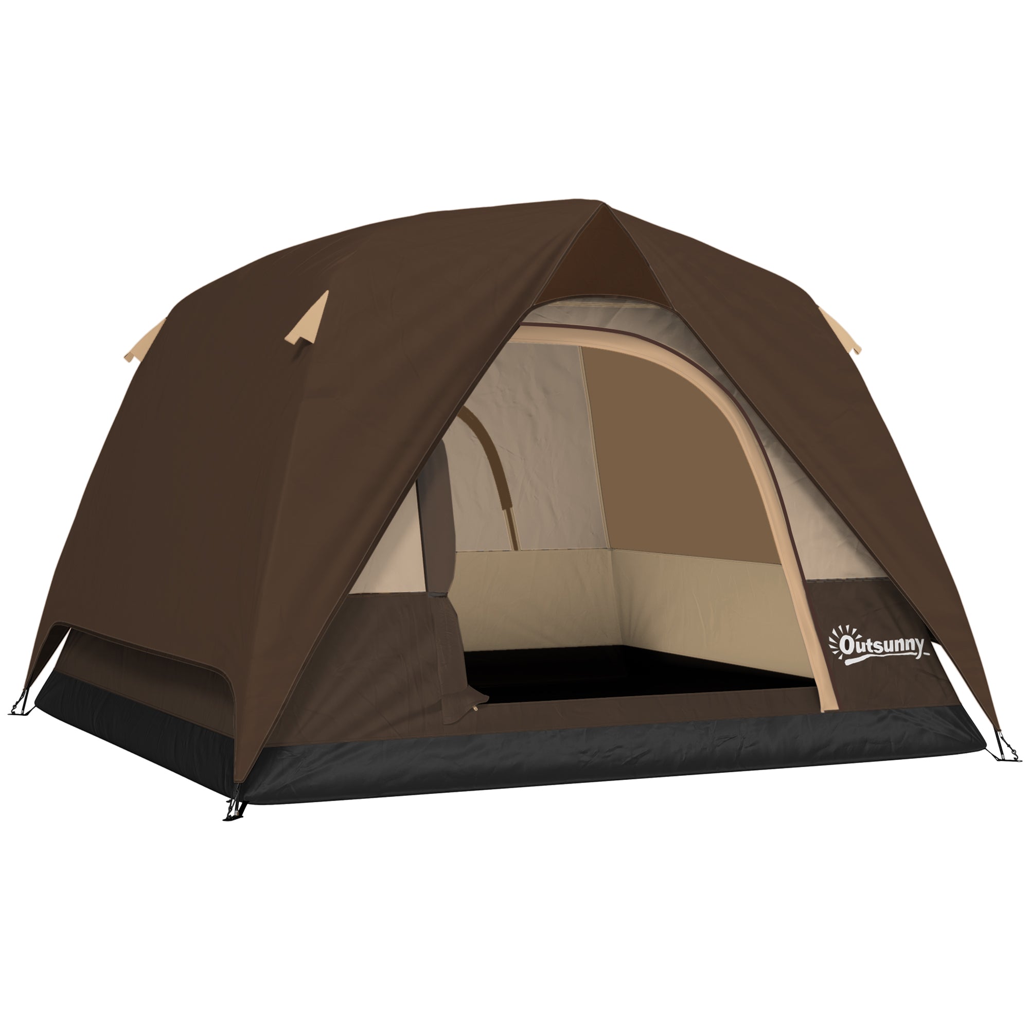 Outsunny 3-4 Person Camping Tent, Easy Set Up 3-4 Man Tent w/ Sewn-in Groundsheet, Waterproof Dome Tent w/ Mesh Windows, Brown
