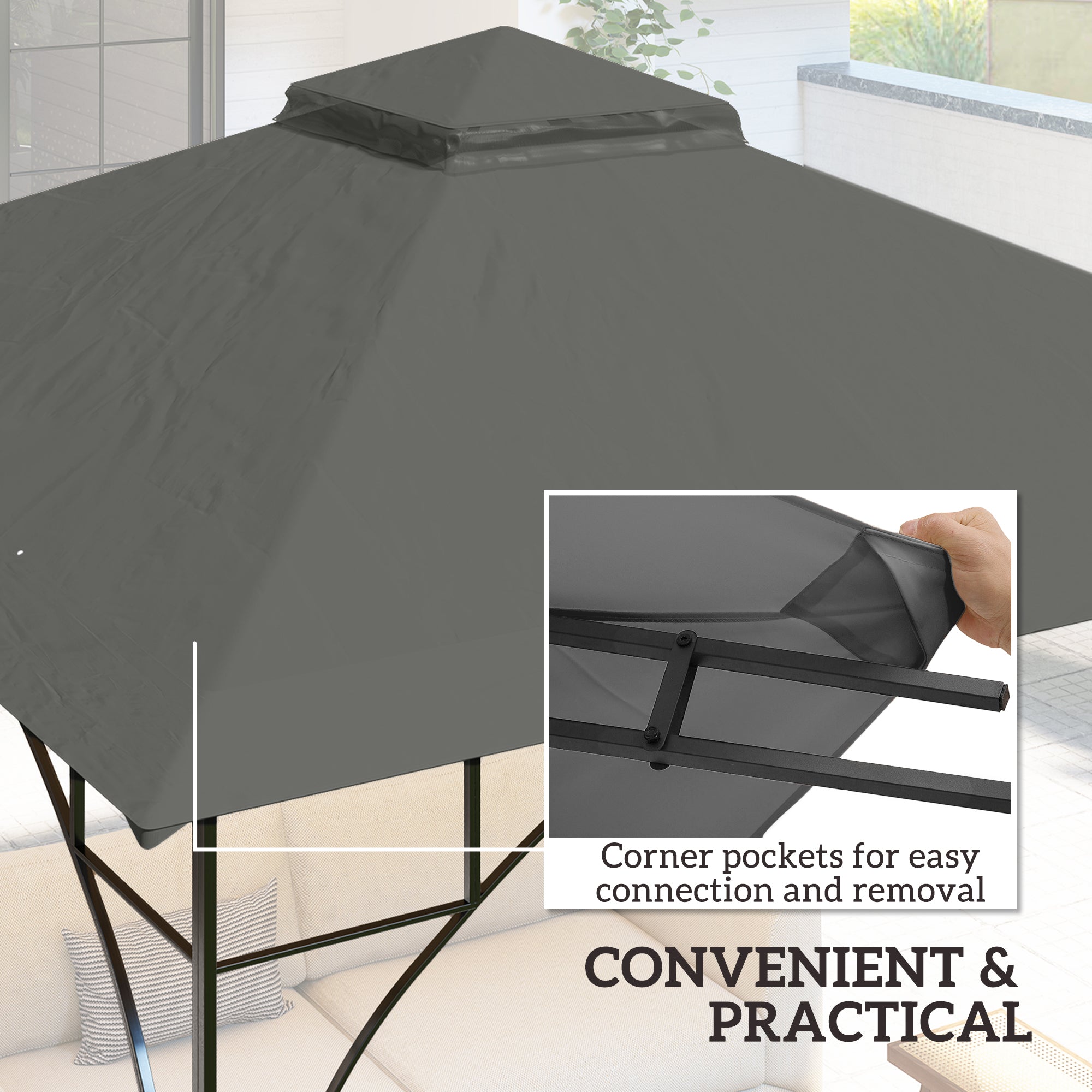 Outsunny 3x3(m) Replacement Gazebo Canopy, Double Tier Roof Top for Garden, Patio, Outdoor, Grey (TOP ONLY)