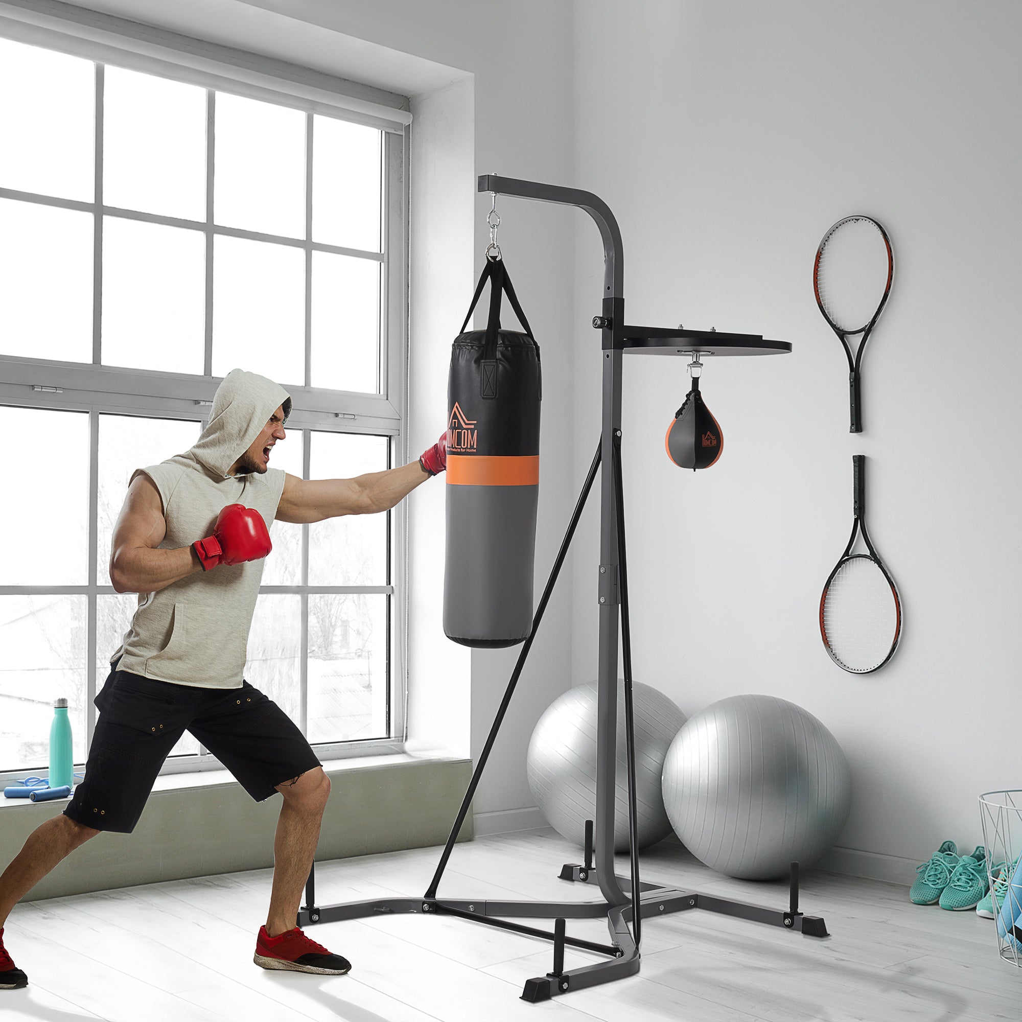 HOMCOM Freestanding Boxing Punch Bag & Speed ball Station, for Home Gym, Grey
