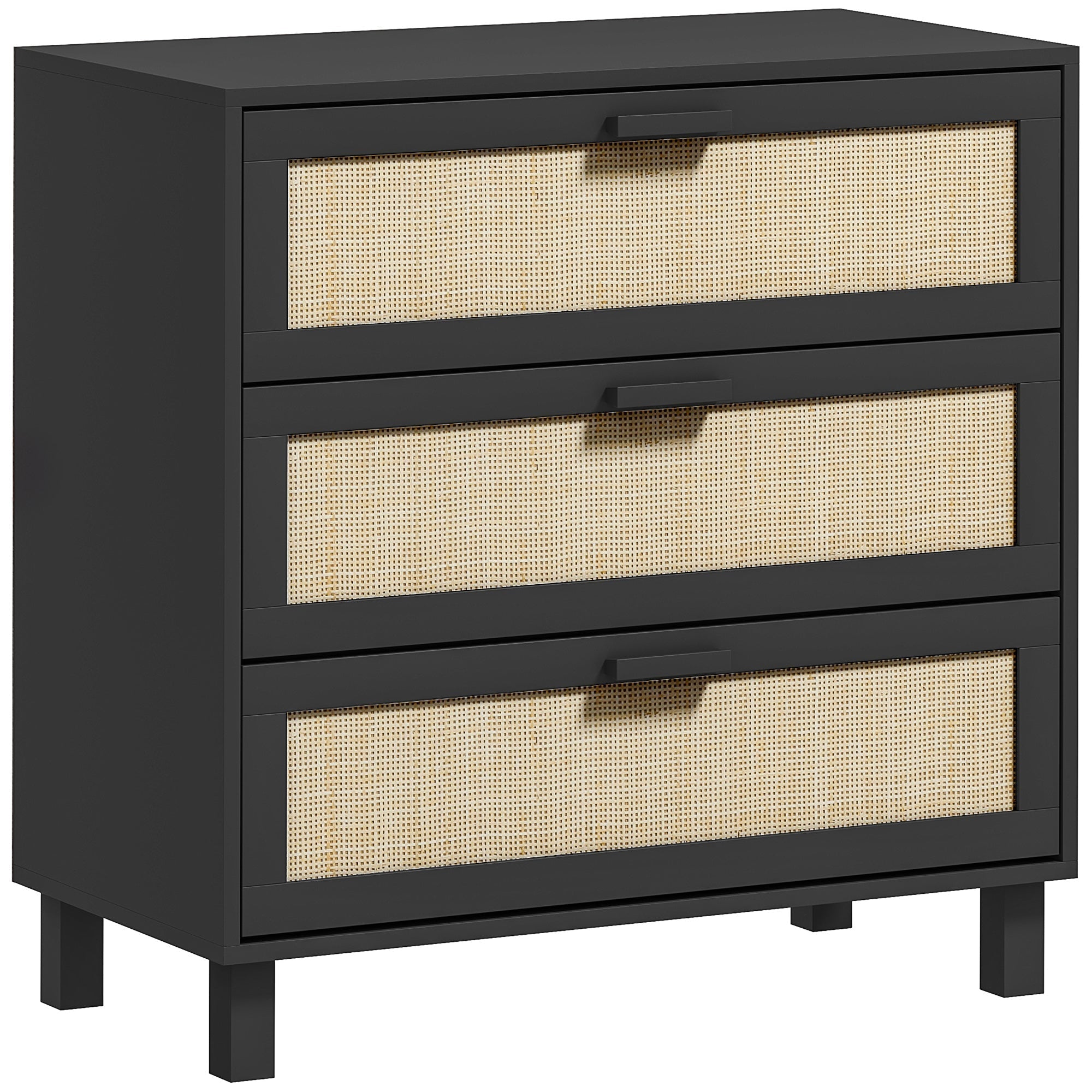 HOMCOM Rattan Bedroom Chest of Drawers, 3 Drawers Storage Unit, Boho Dresser for Living Room, Hallway, Black