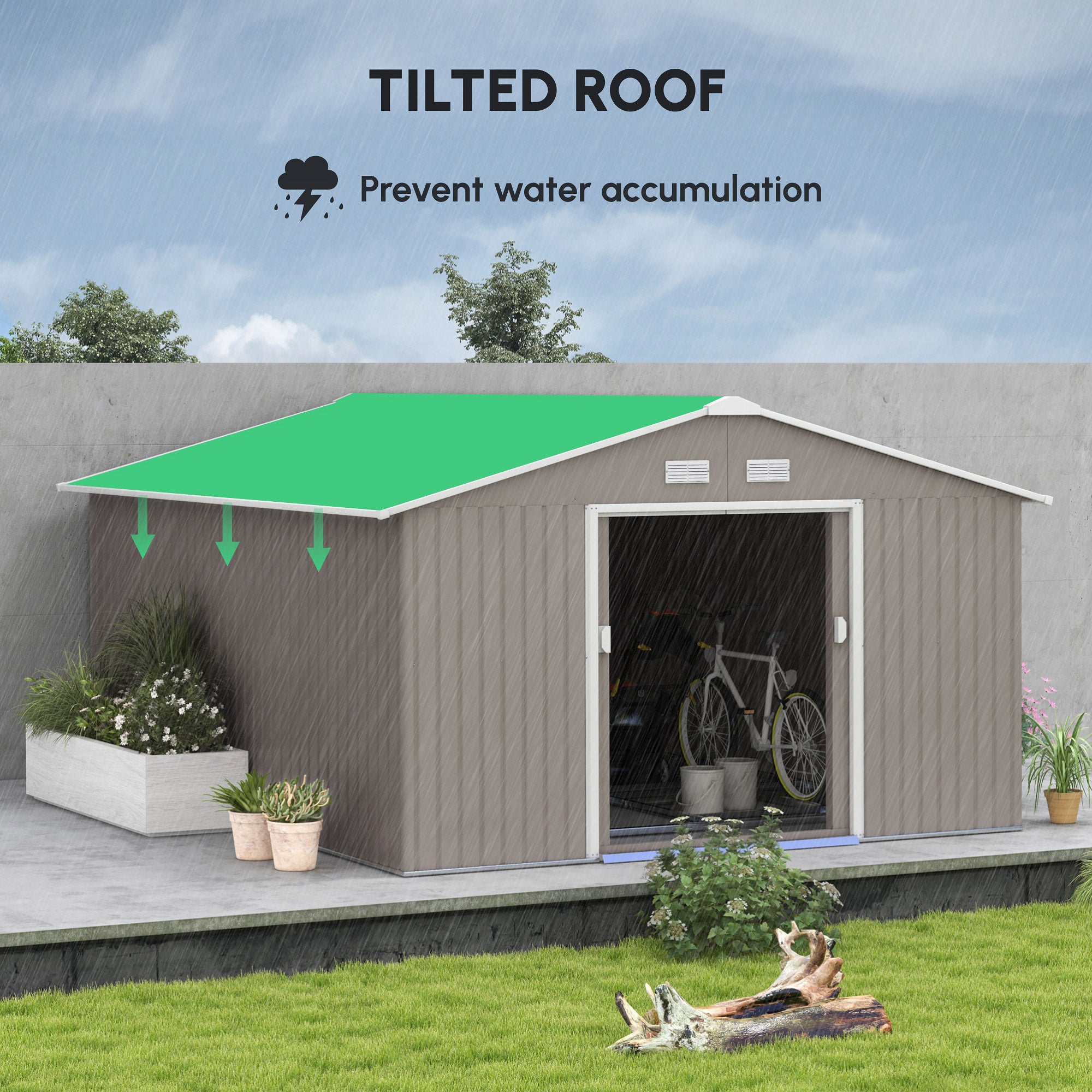 Outsunny 13 x 11ft Large Garden Shed, Mental Garden Storage Shed with Foundation Kit Ventilation & Doors, Light Grey