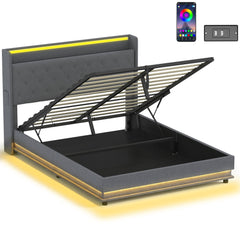 HOMCOM 5ft King Bed Frame with Headboard, Platform Bed Frame with Hydraulic Storage, LED Lights and Charging Station, Grey