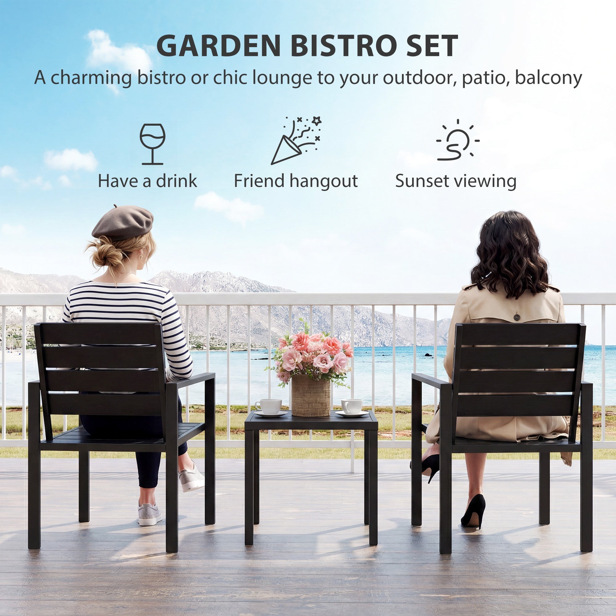 Outsunny 3 Pieces Garden Bistro Set for 2, Outdoor Bistro Table and Chairs with Metal Frame, Plastic Patio Furniture Set