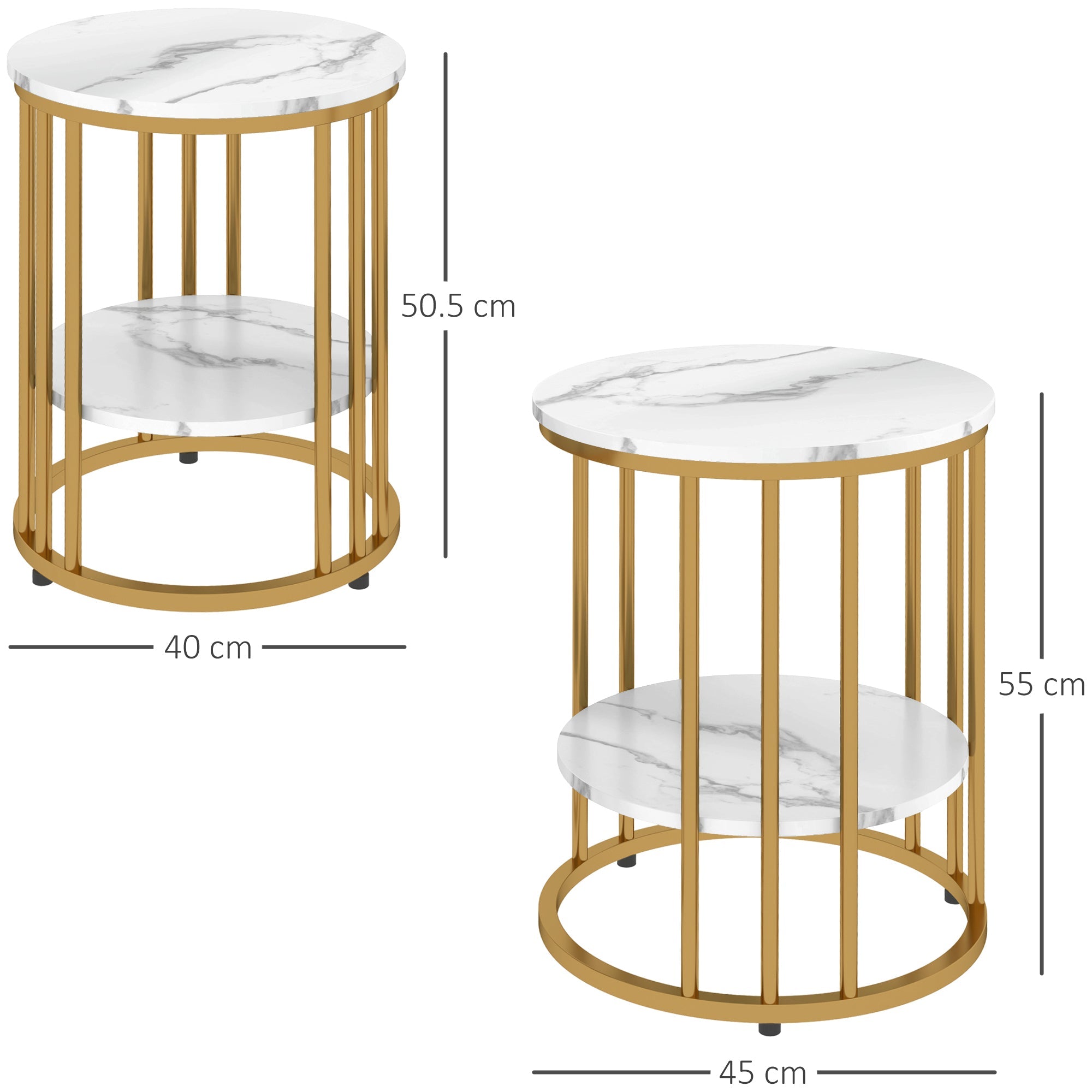 HOMCOM Set of Two Marble-Effect Coffee Tables - White/Gold-Tone