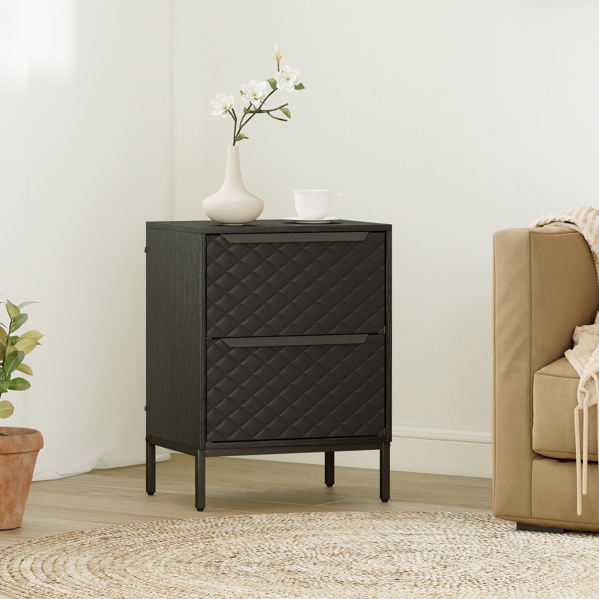 HOMCOM Chest of Drawers, Dresser with 2 Fabric Drawers and Aluminium Handles - Black