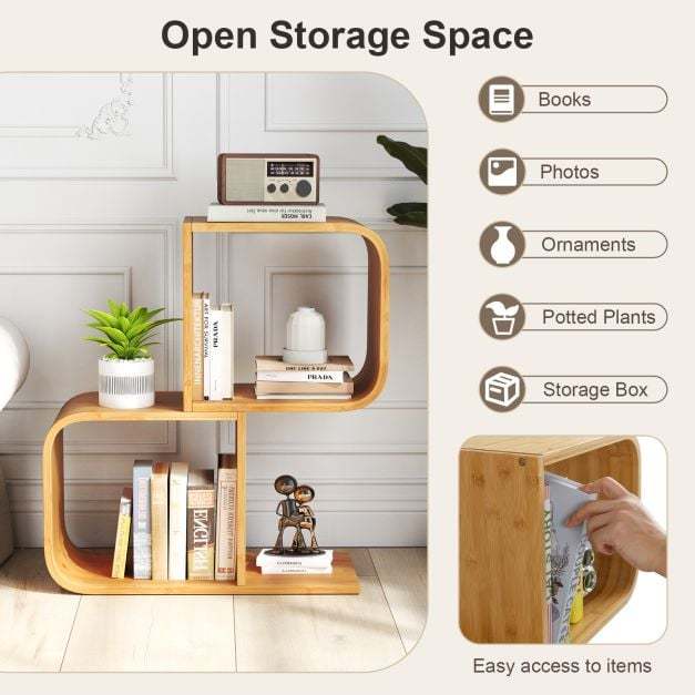 The bookcase showing various items stored on shelves and a hand reaching for a book