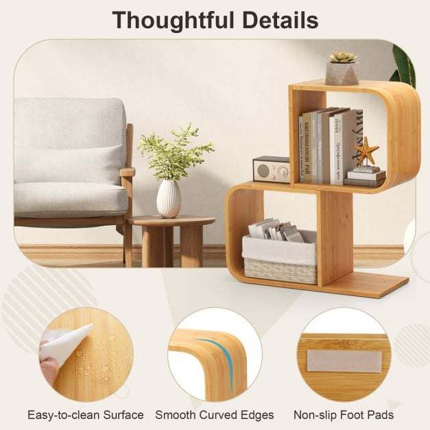 The bookcase showing close-ups of the easy-clean surface, curved edges and non-slip pads