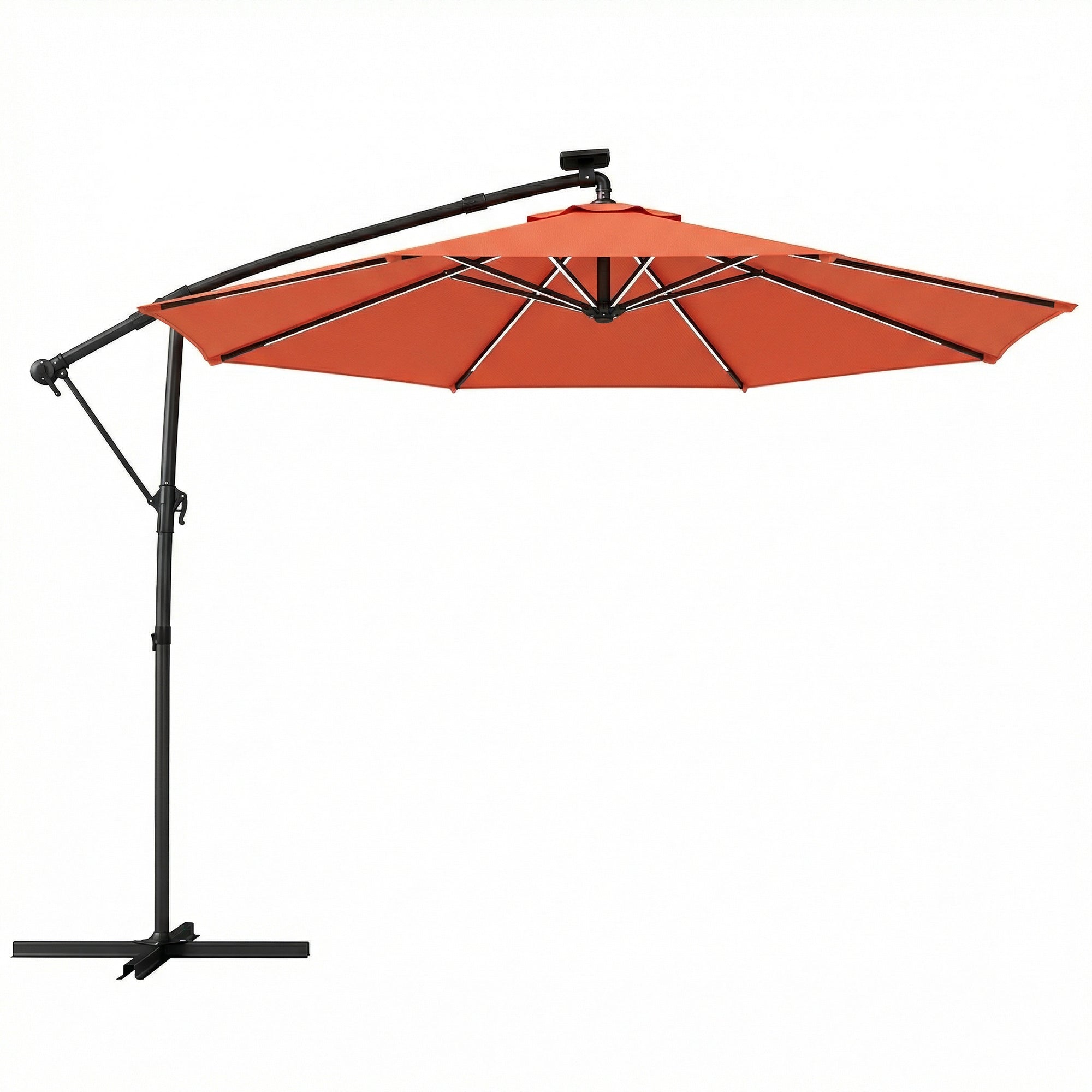 Outsunny 3 m Garden Cantilever Parasol with LED Solar Light, Round Overhanging Umbrella with 360Â° Rotation, Cover, Orange