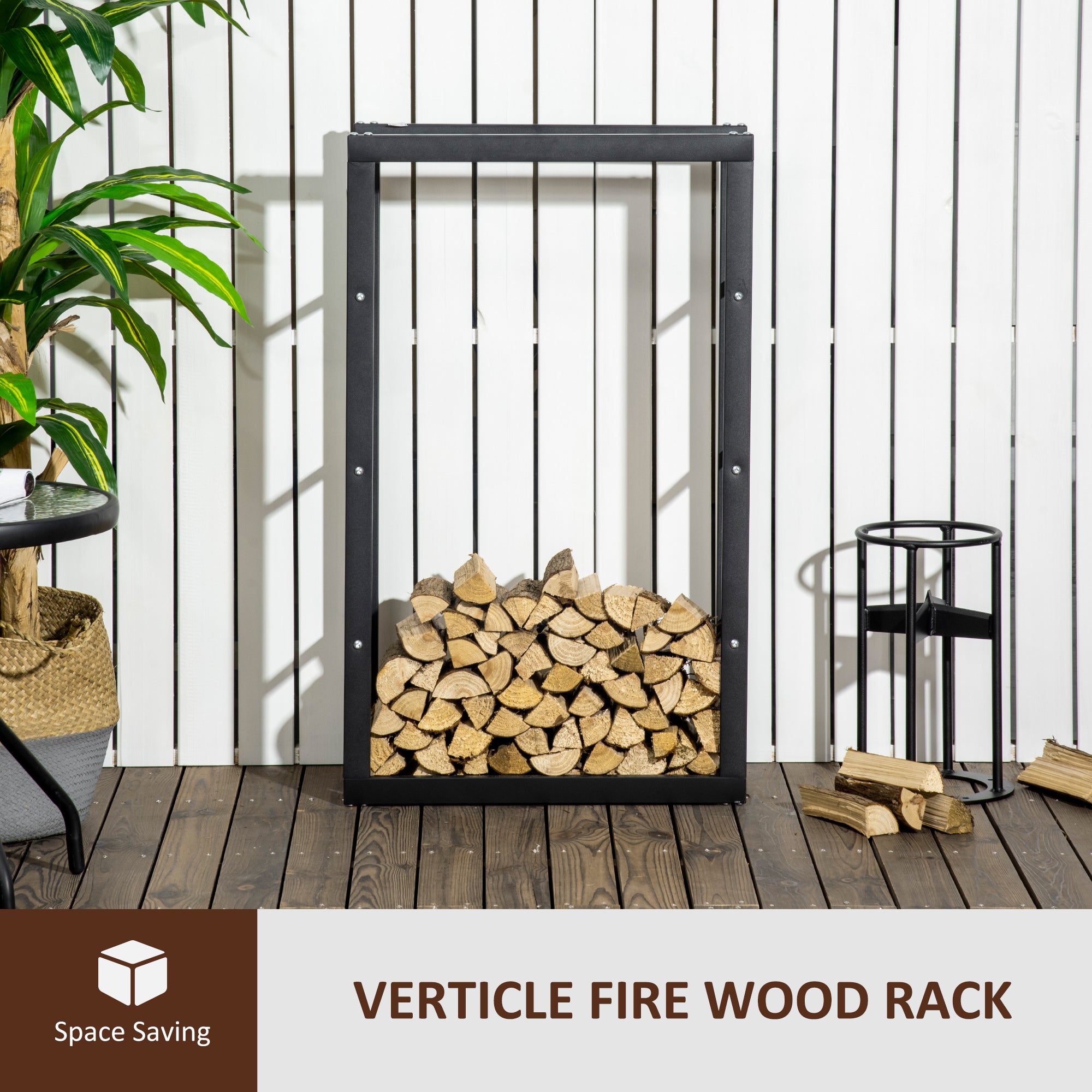 HOMCOM Metal Firewood Log Holder Tall Firewood Rack Indoor Outdoor Fireplace Wood Storage Shelf with Side Rails, Rust-Resistant, Black, 60W x 25D x 100H cm