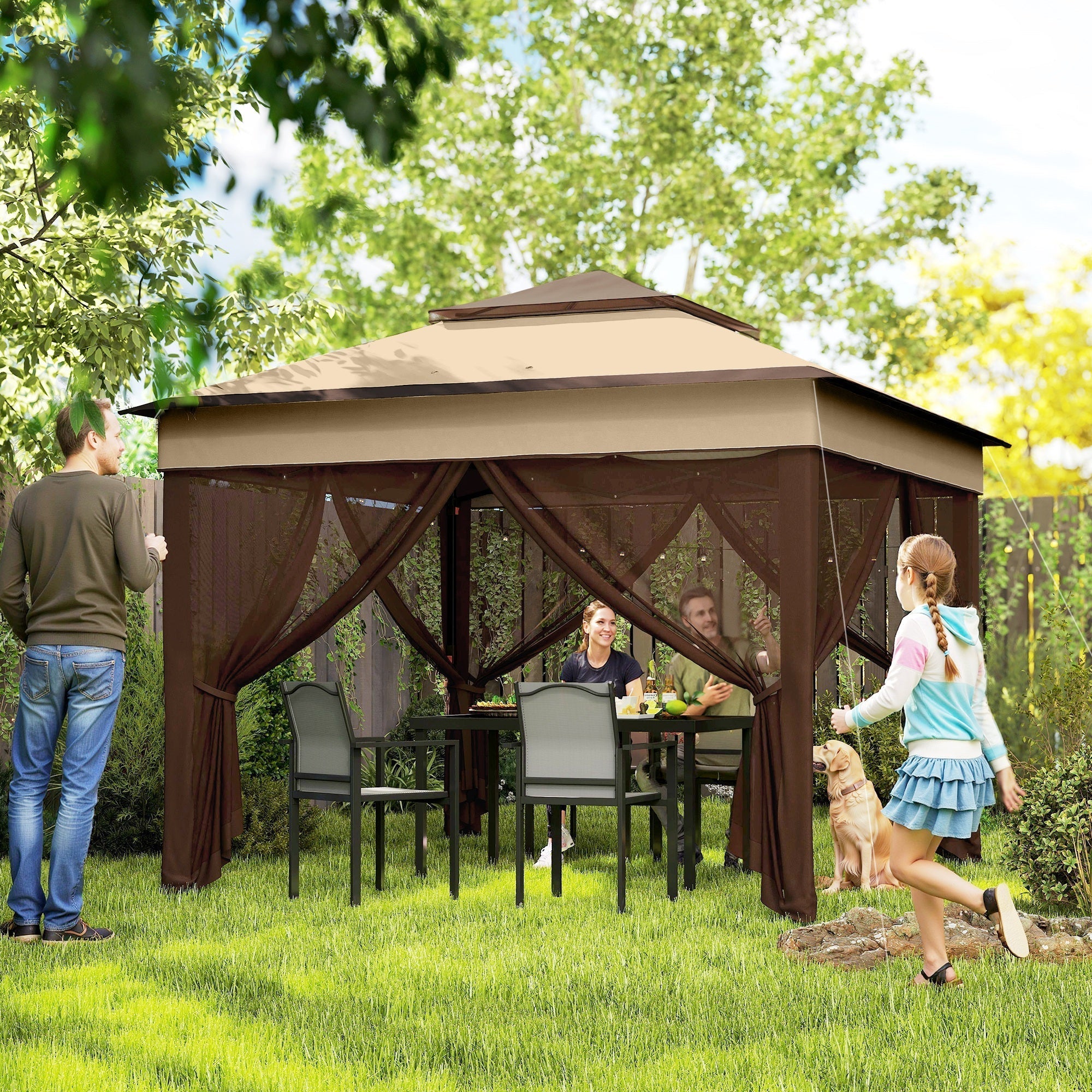 Outsunny 3 x 3(m) Pop Up Gazebo, Height Adjustable Instant Event Shelter with Netting and Carrying Bag, Beige