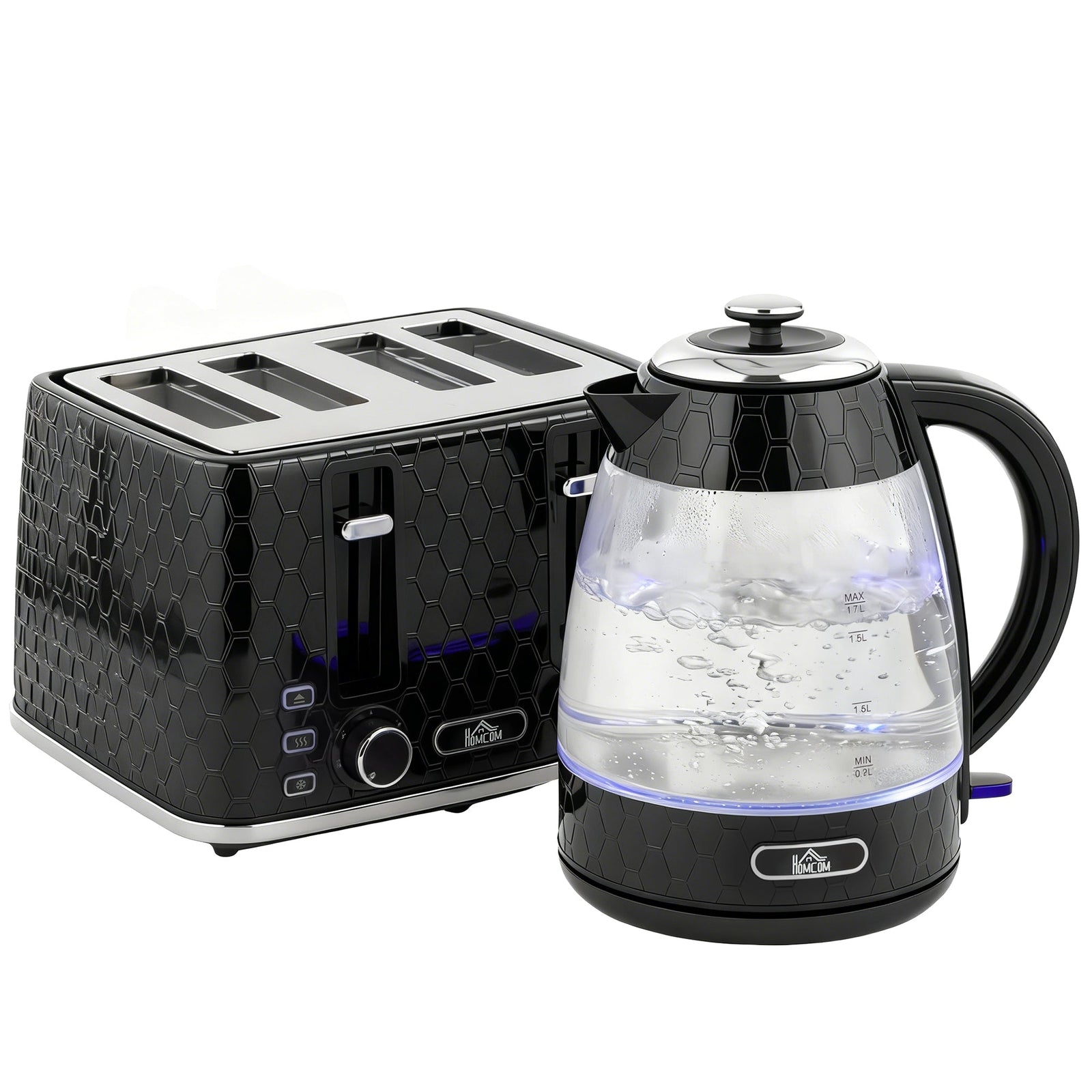 HOMCOM Kettle and Toaster Set, 1.7L 3000W Rapid Kettle with Strix Thermostat, 4 Slice Toaster with 7 Browning Controls, Black
