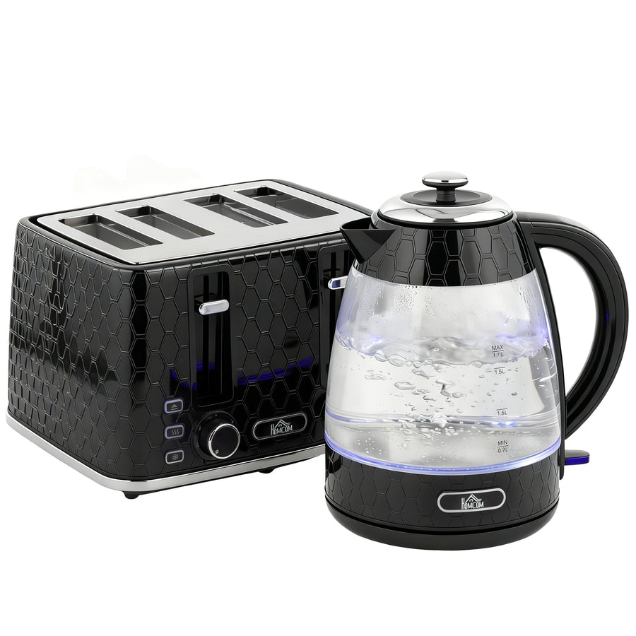 HOMCOM Kettle and Toaster Set, 1.7L 3000W Rapid Kettle with Strix Thermostat, 4 Slice Toaster with 7 Browning Controls, Black