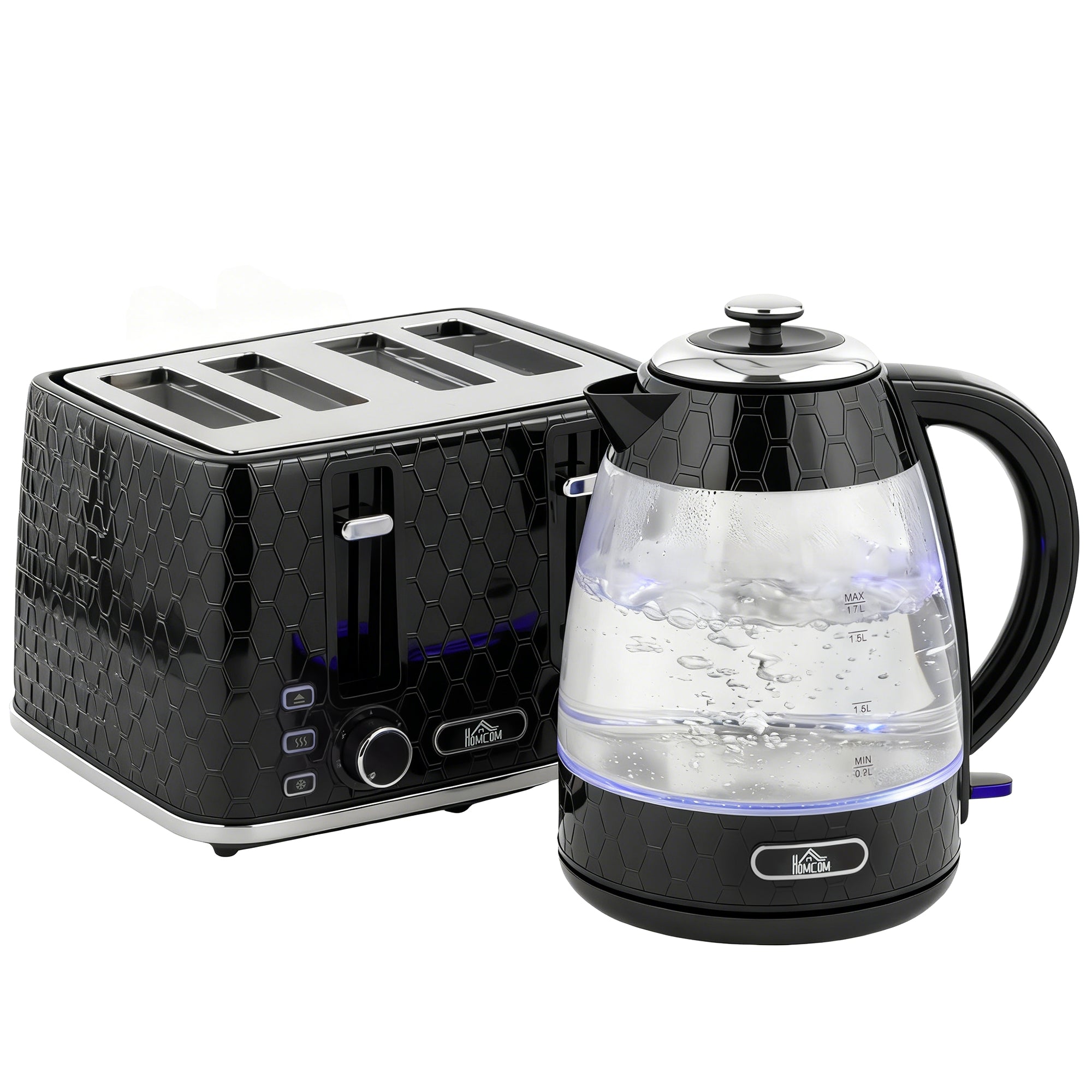 HOMCOM Kettle and Toaster Set, 1.7L 3000W Rapid Kettle with Strix Thermostat, 4 Slice Toaster with 7 Browning Controls, Black