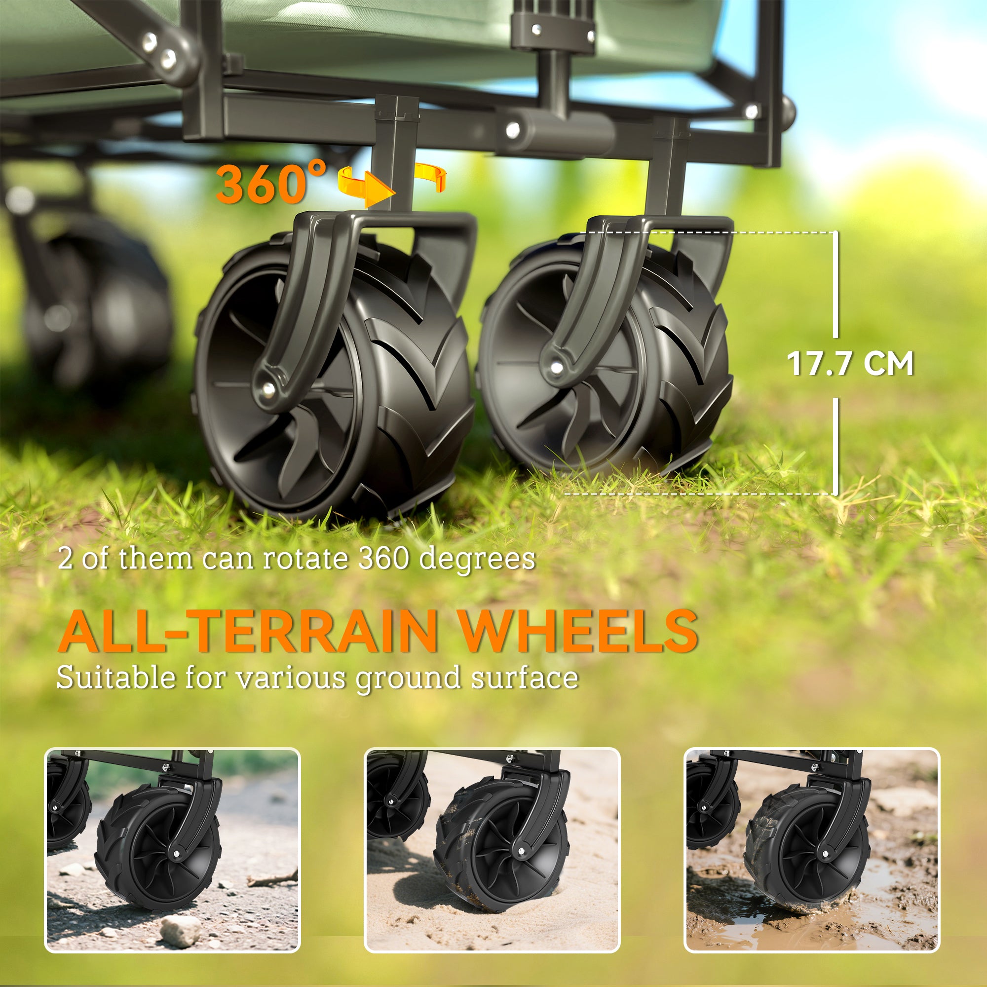 Outsunny Folding Trolley Cart Storage Wagon Beach Trailer 4 Wheels with Handle Overhead Canopy Cart Push Pull for Camping, Green