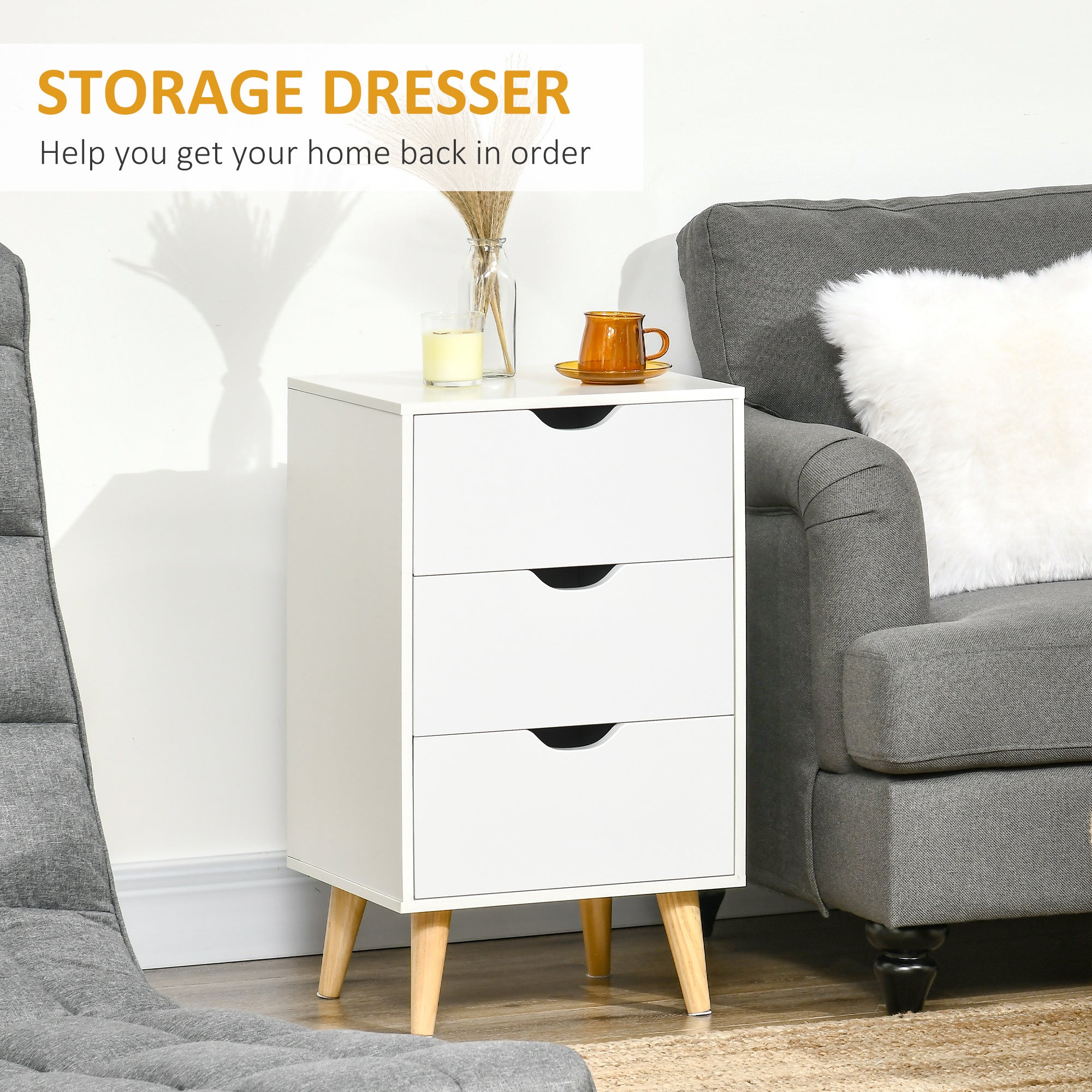 HOMCOM Set of 2 Bedside Tables, Modern Nightstand Side End Table with 3 Storage Drawers and Solid Pine Wood Legs for Bedroom Living Room Entryway, White