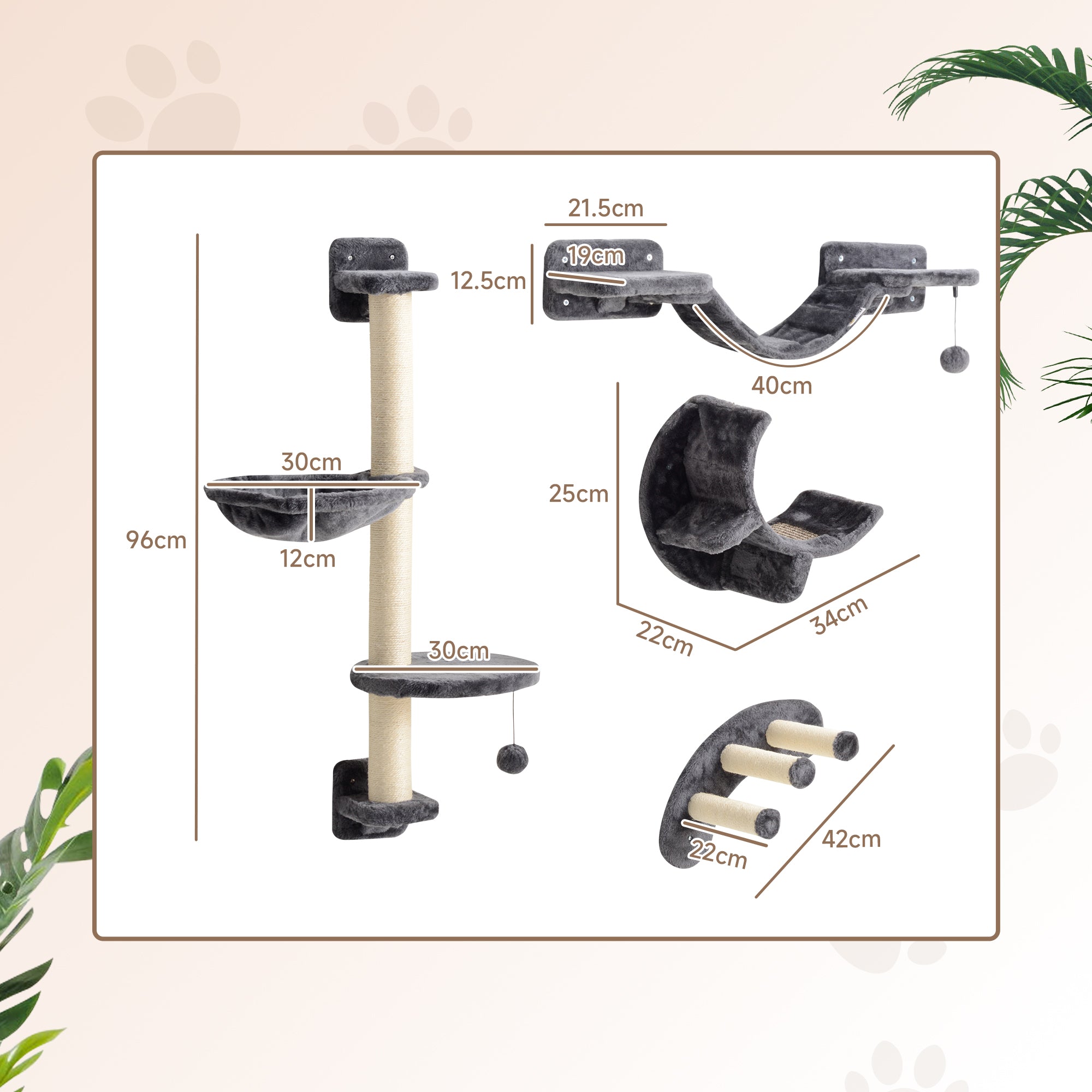 PawHut Four-Piece Cat Wall Furniture, with Hammock, Ladder, Platforms, Steps, for Indoor Use - Dark Grey