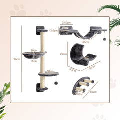 PawHut Four-Piece Cat Wall Furniture, with Hammock, Ladder, Platforms, Steps, for Indoor Use - Dark Grey
