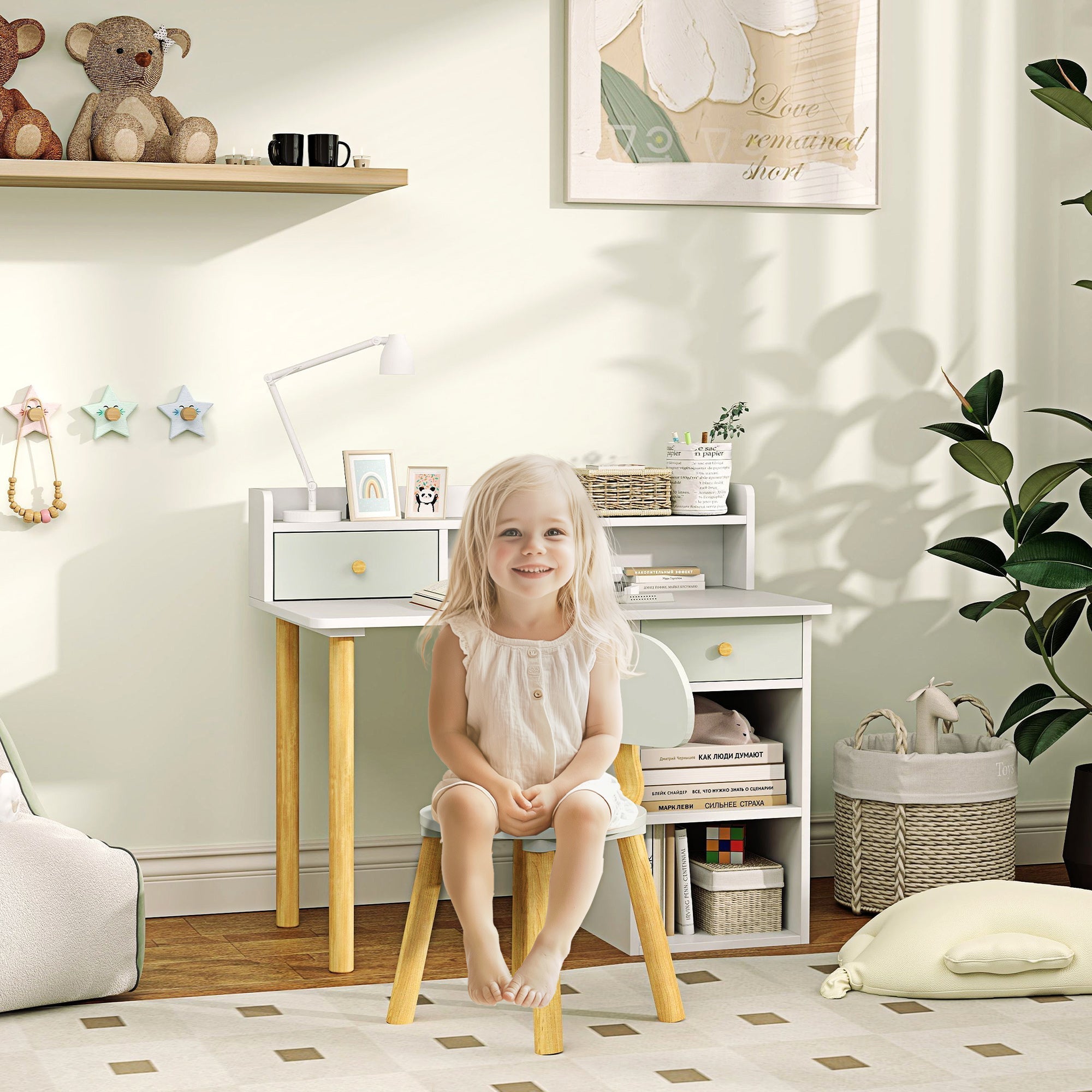 AIYAPLAY Two-Piece Children Study Table with Hutch, Kids Desk and Chair Set with Storage, Drawer, Shelves, Green