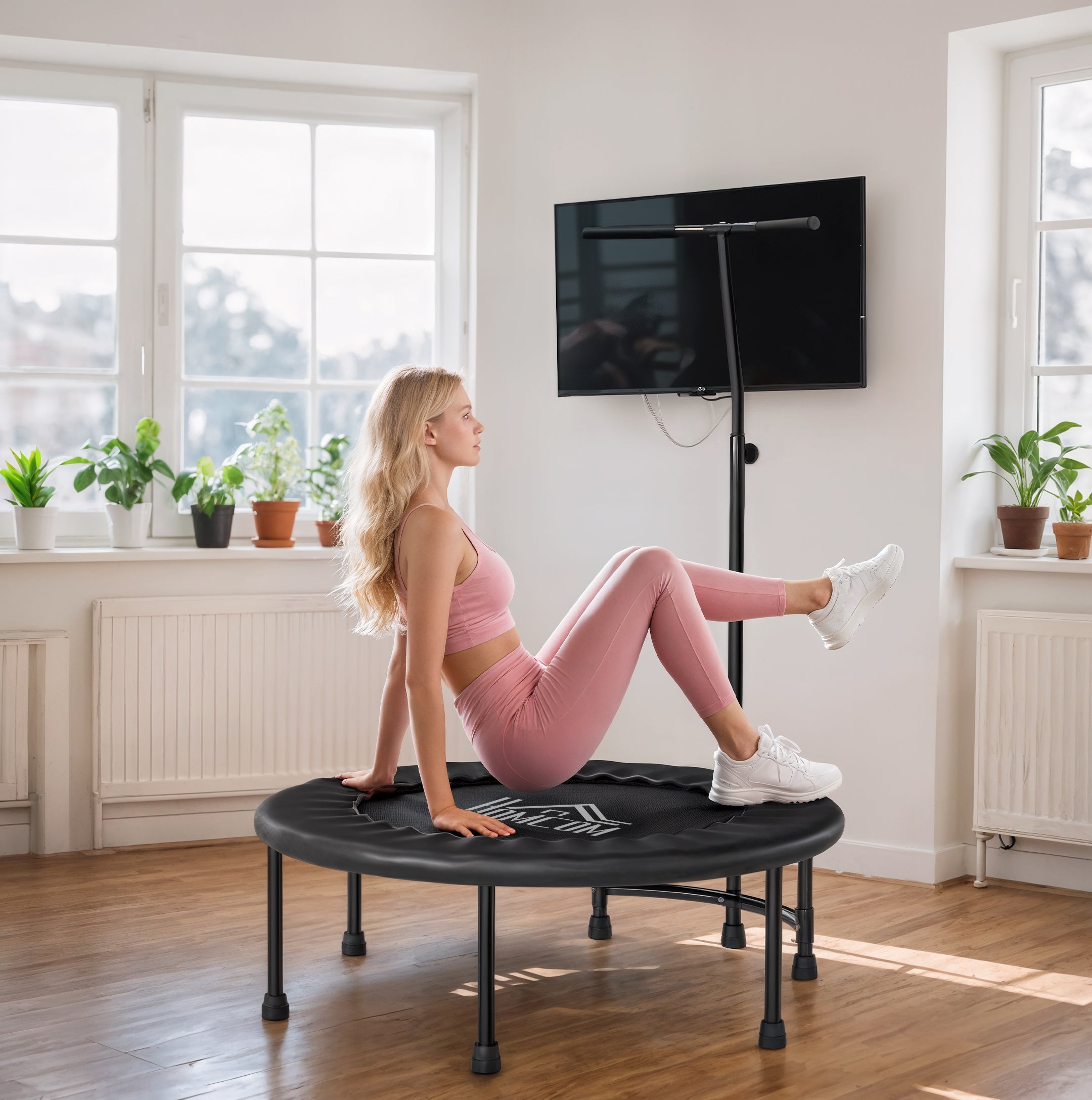 HOMCOM 40" Fitness Trampoline with Adjustable Handle, Rebounder Trampoline, Mini Jumper for Indoor Exercise Workout, Black