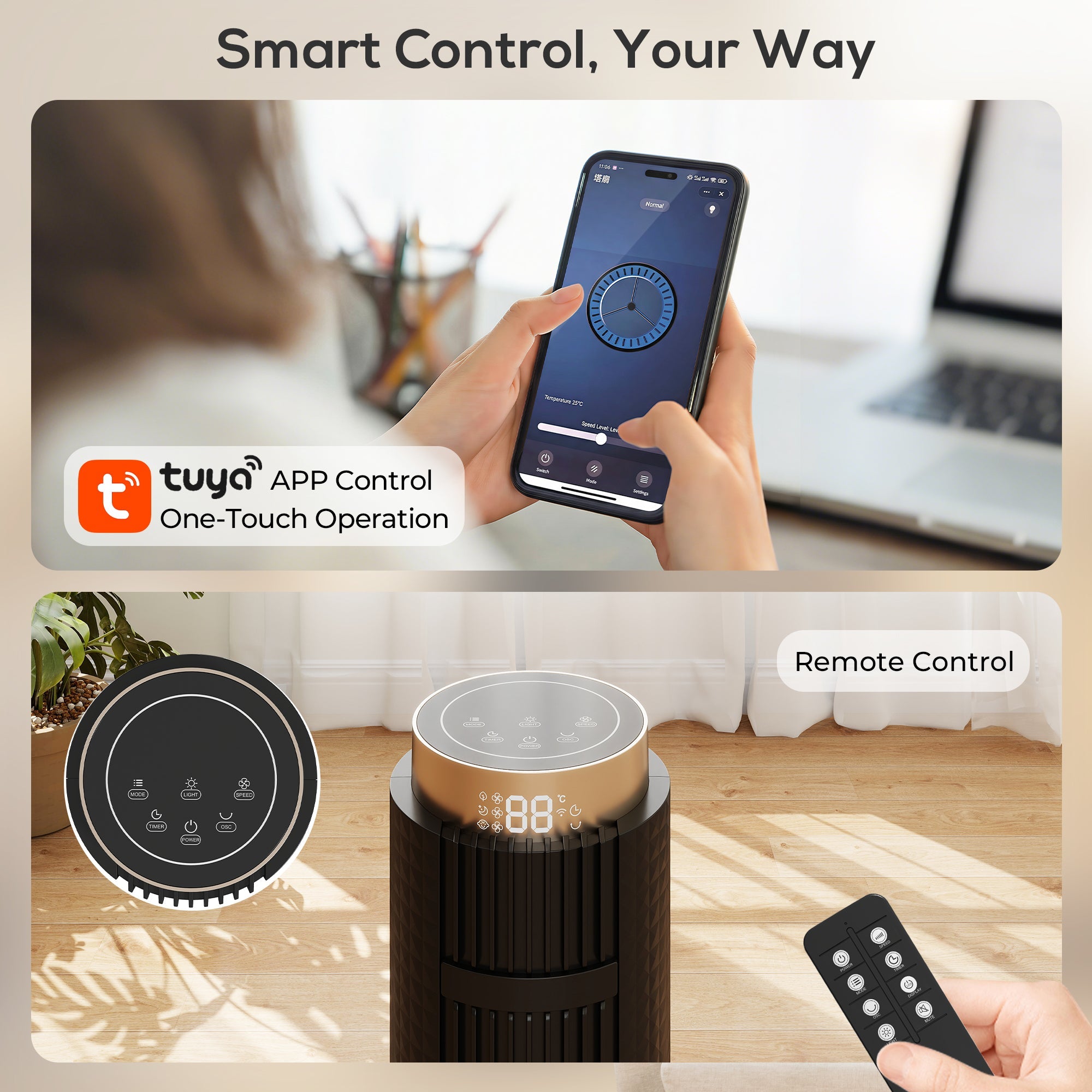 HOMCOM Tower Fan with WiFi App Control, Standing Floor Fan with 3 Speed 4 Modes, 12 Hour Timer and Night Light Black