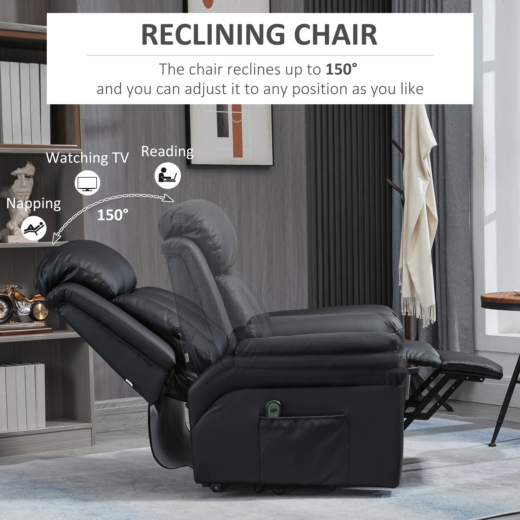 HOMCOM Power Lift Chair Recliner for Elderly, Electric Recliner Chair, Overstuffed Faux Leather Riser and Reclining Armchair with Remote Control, Side Pockets, for Living Room, Black