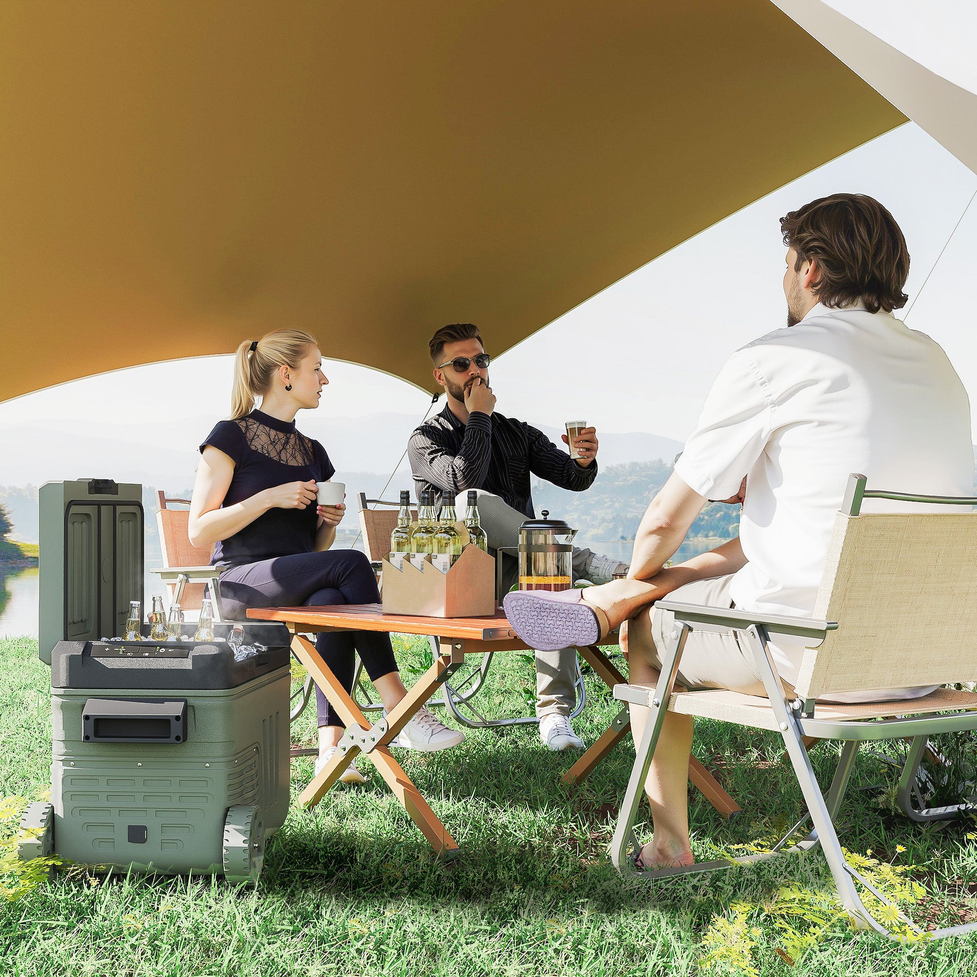 Outsunny 33L Camping Fridge Freezer Dual Zone, Portable Car Fridge 12V/24V DC & 100-240V AC, Electric Cool Box -20√¢‚Äû∆í-20√¢‚Äû∆í with Wheels and LED Light, for Travel, RV, Road Trip, Picnic [Energy Class E]