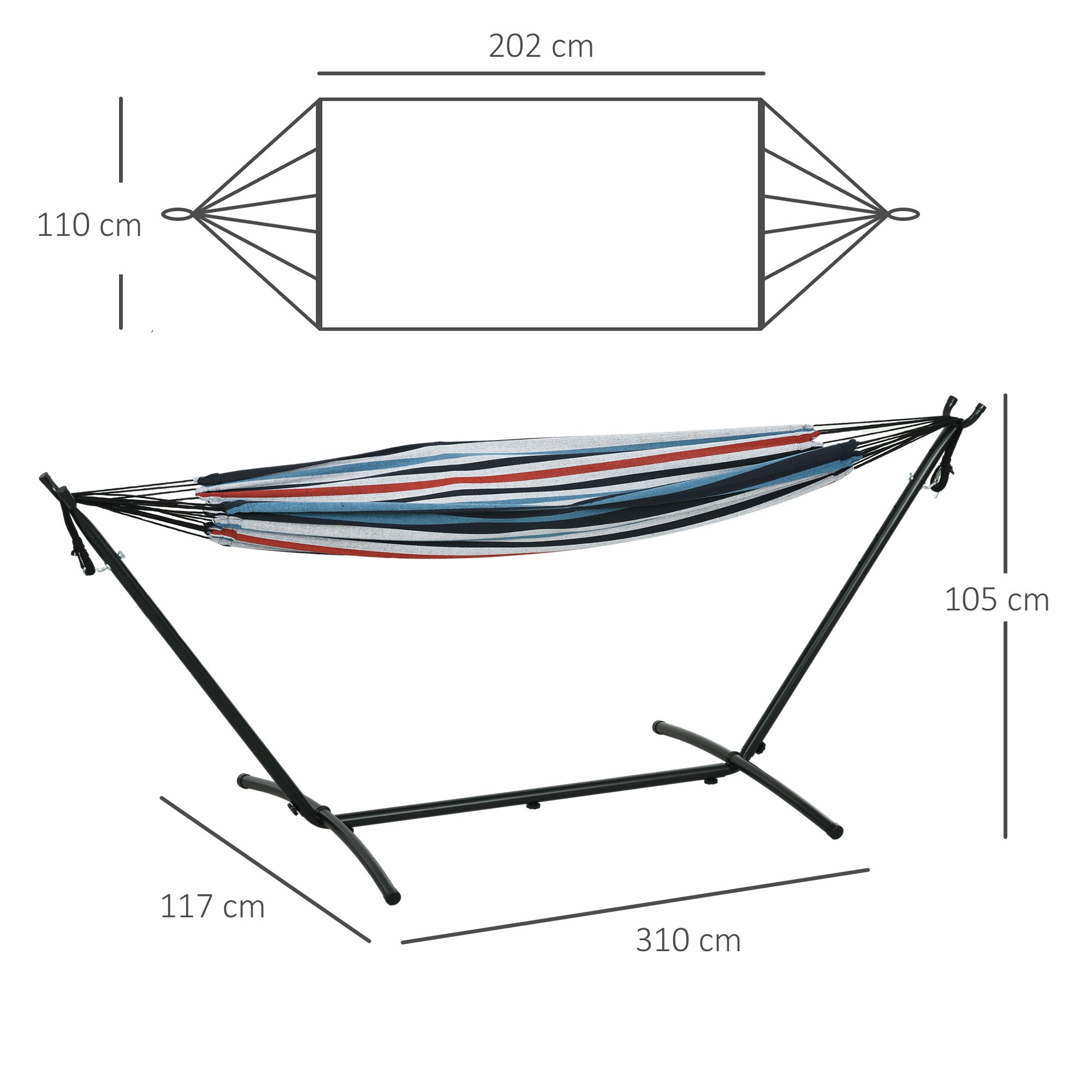 Outsunny 298 x 117cm Hammock with Stand Camping Hammock with Portable Carrying Bag, Adjustable Height, 120kg Load Capacity, Blue and White Stripe