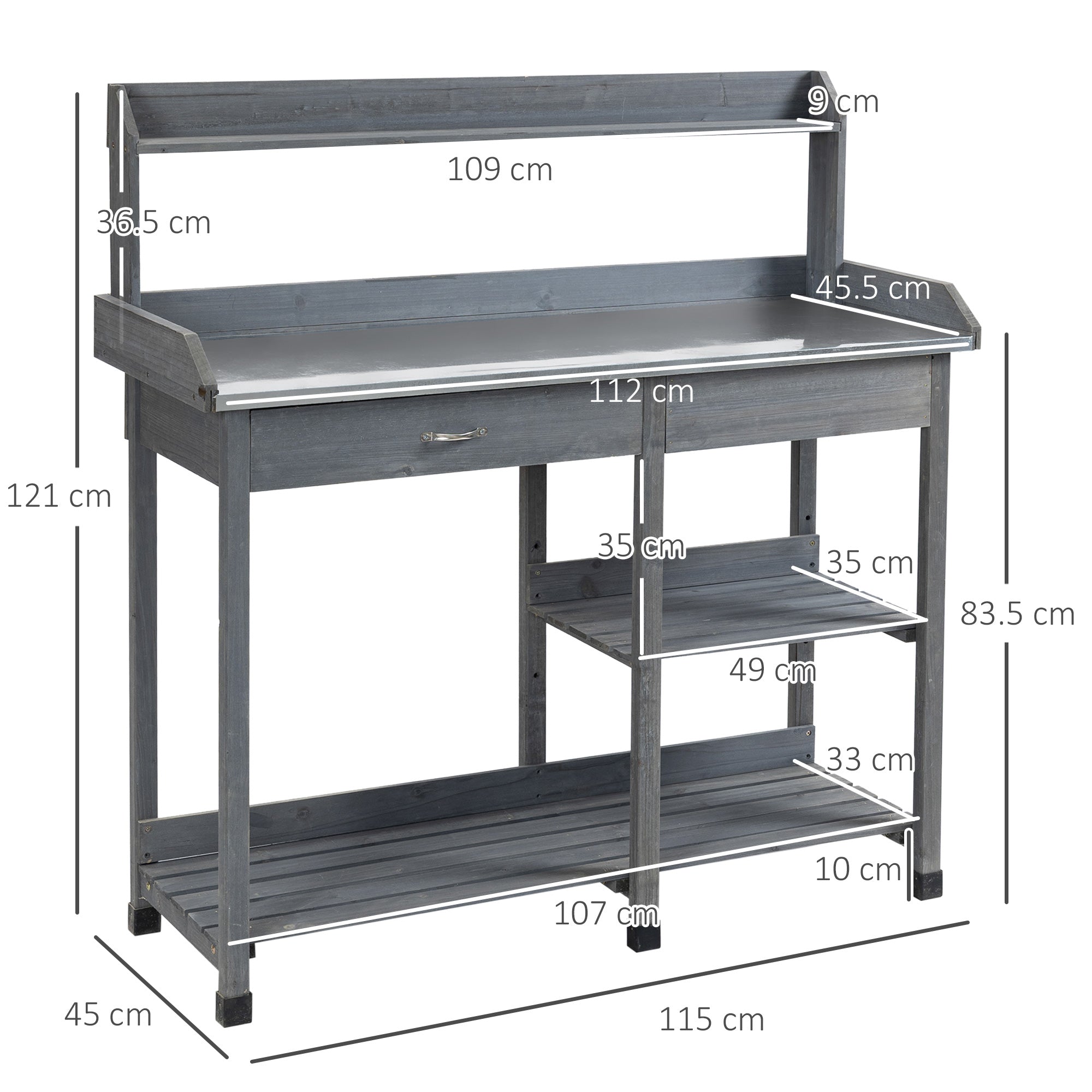 Outsunny Garden Potting Table with Storage, Workbench, Metal Top, Storage Shelves & Hooks for Patio, Courtyard, Wooden