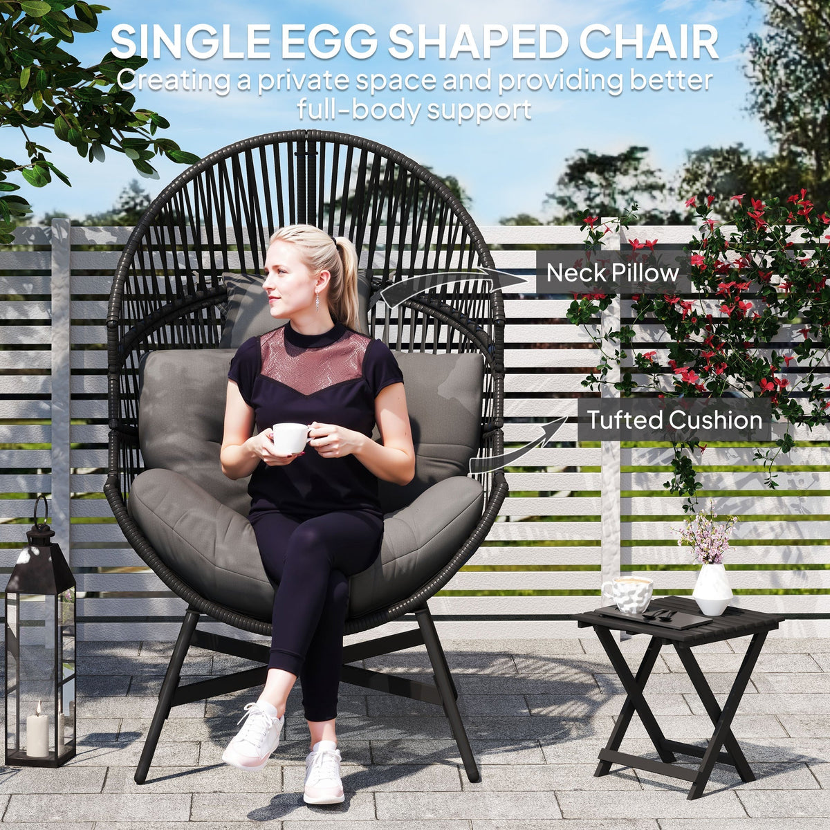 Outsunny Rattan Egg Chair, Oversized Freestanding Garden Egg Chair with Thick Tufted Cushion, Headrest, Steel Frame for Indoor and Outdoor Use, Charcoal Grey