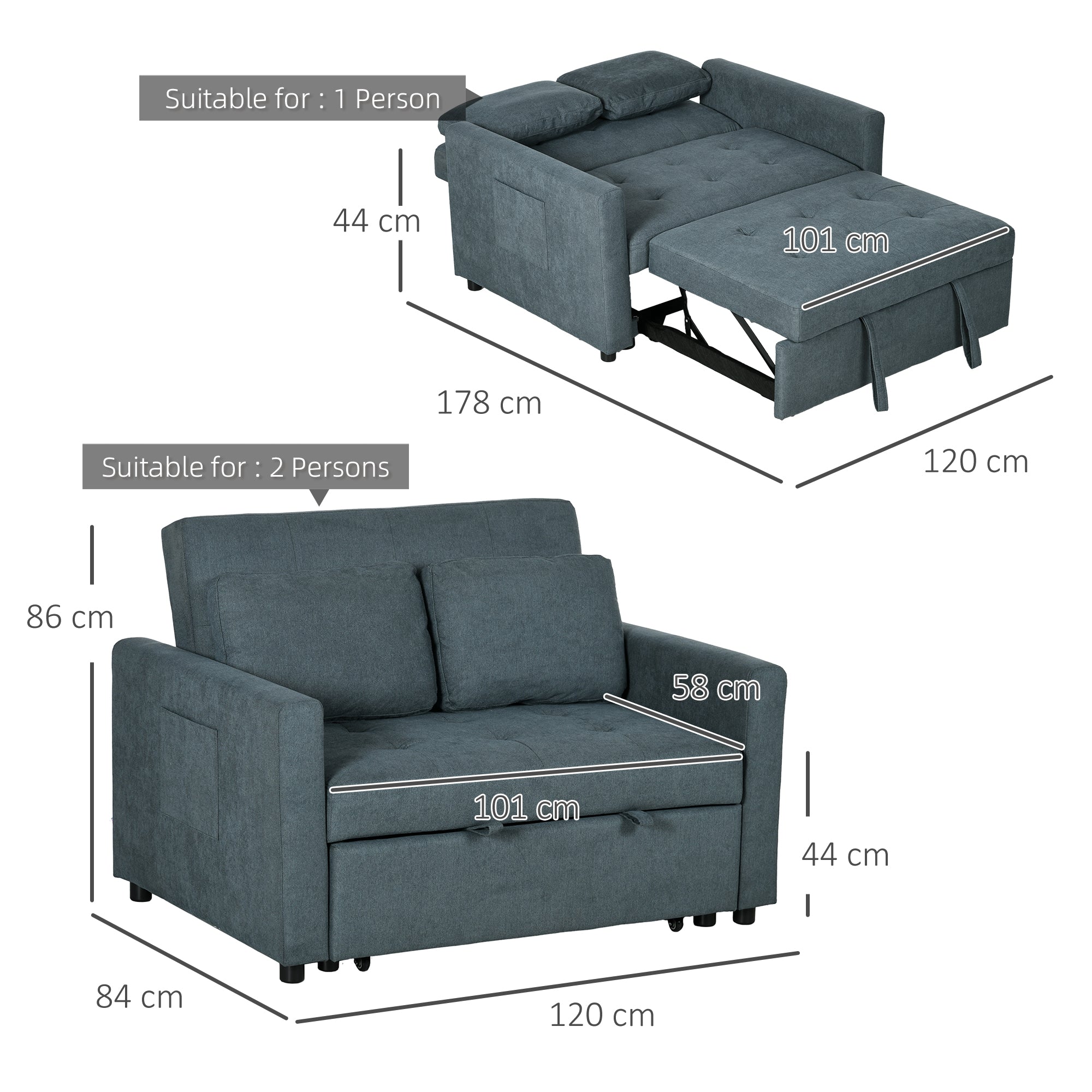 HOMCOM Loveseat Sofa Bed, Convertible Bed Settee with 2 Cushions, Side Pockets for Living Room, Charcoal Grey