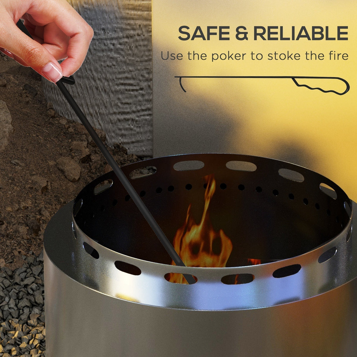 Outsunny Smokeless Fire Pit, 48.5cm Portable Wood Burning Firepit with Poker for Garden Camping Bonfire Party, Stainless Steel, Silver