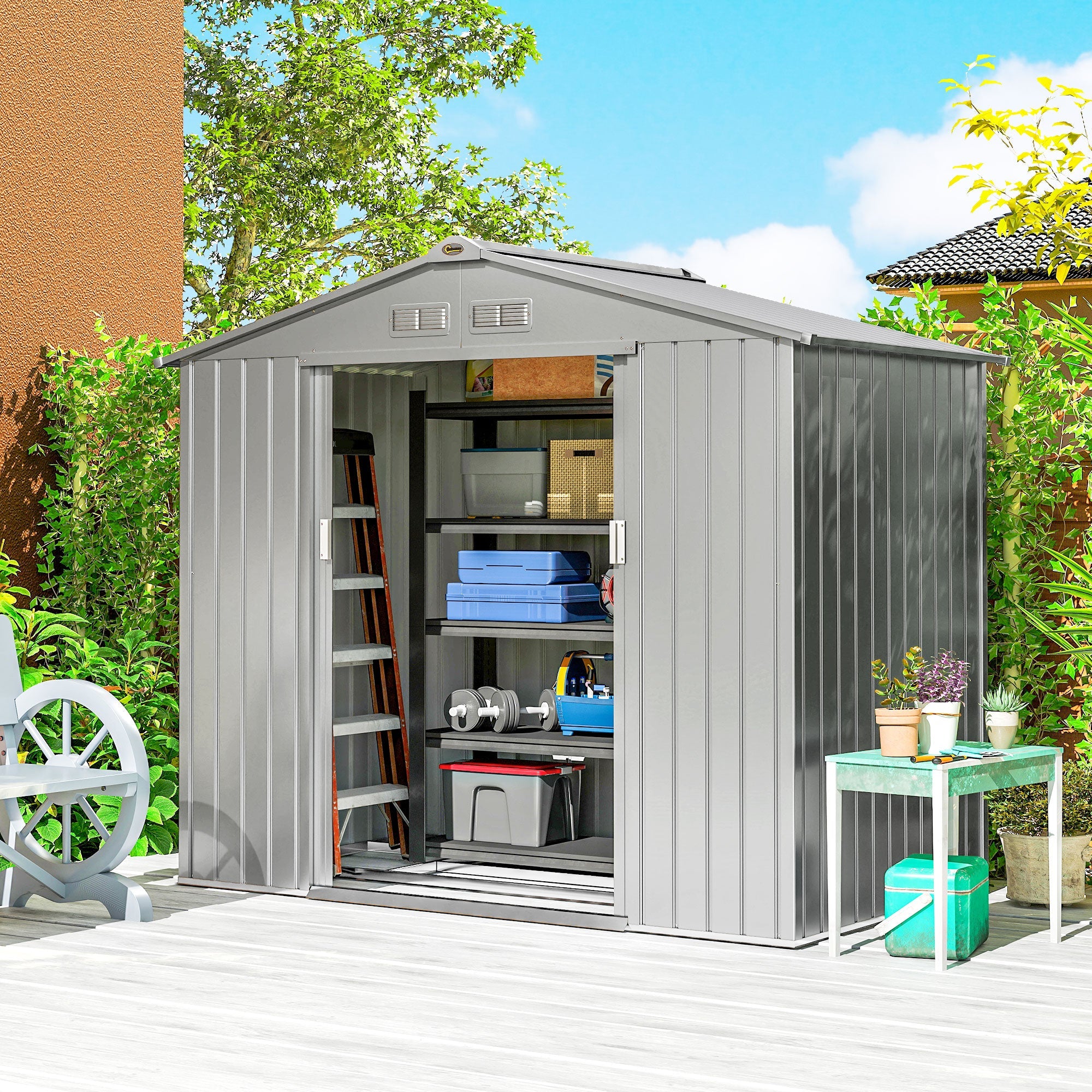 Outsunny 7 x 4ft Lockable Metal Garden Tool Storage Shed Storage - Light Grey