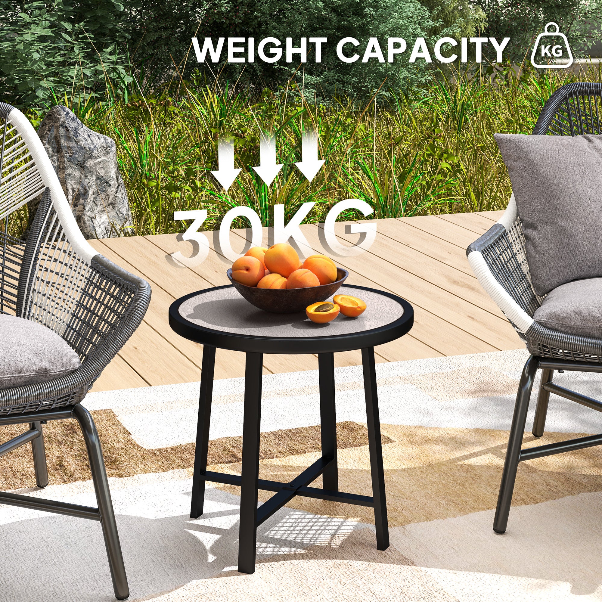 Outsunny Round Small Garden Table, 50.5cm Outdoor Side Table with SPC Tabletop, Metal Frame and Anti-slip Foot Pads for Garden, Balcony, Grey Wood Effect