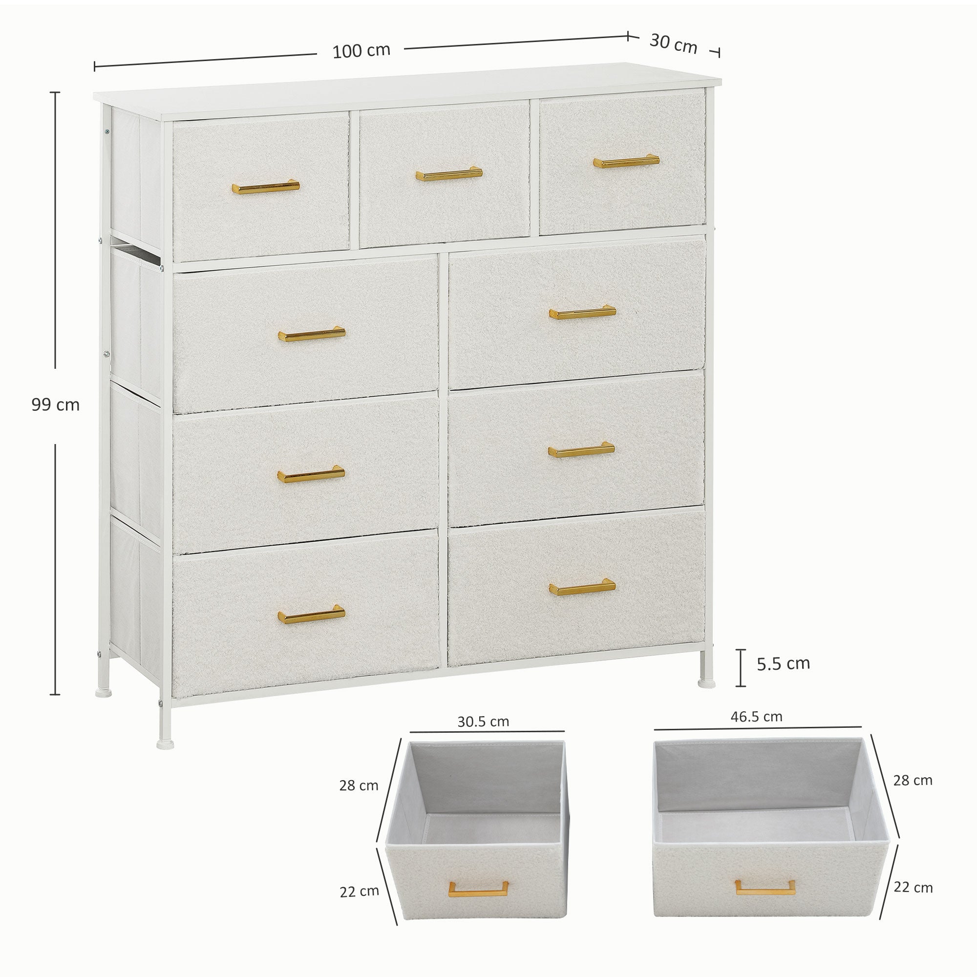 HOMCOM Chest of Drawers with 9 Fabric Drawers, Boucle Storage Organiser with Steel Frame, Fabric Dresser for Bedroom, Living Room, Hallway, Cream White