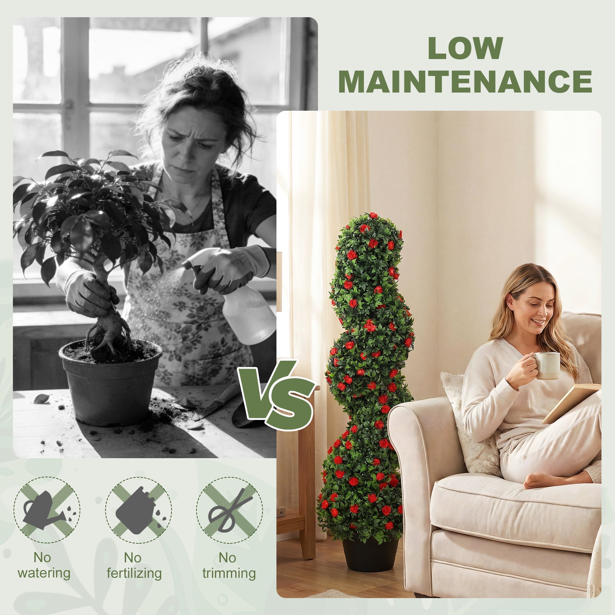 HOMCOM Artificial Rose Spiral Topiary Tree Set of 2, Indoor Outdoor Fake Plants with 630 Leaves, 90cm