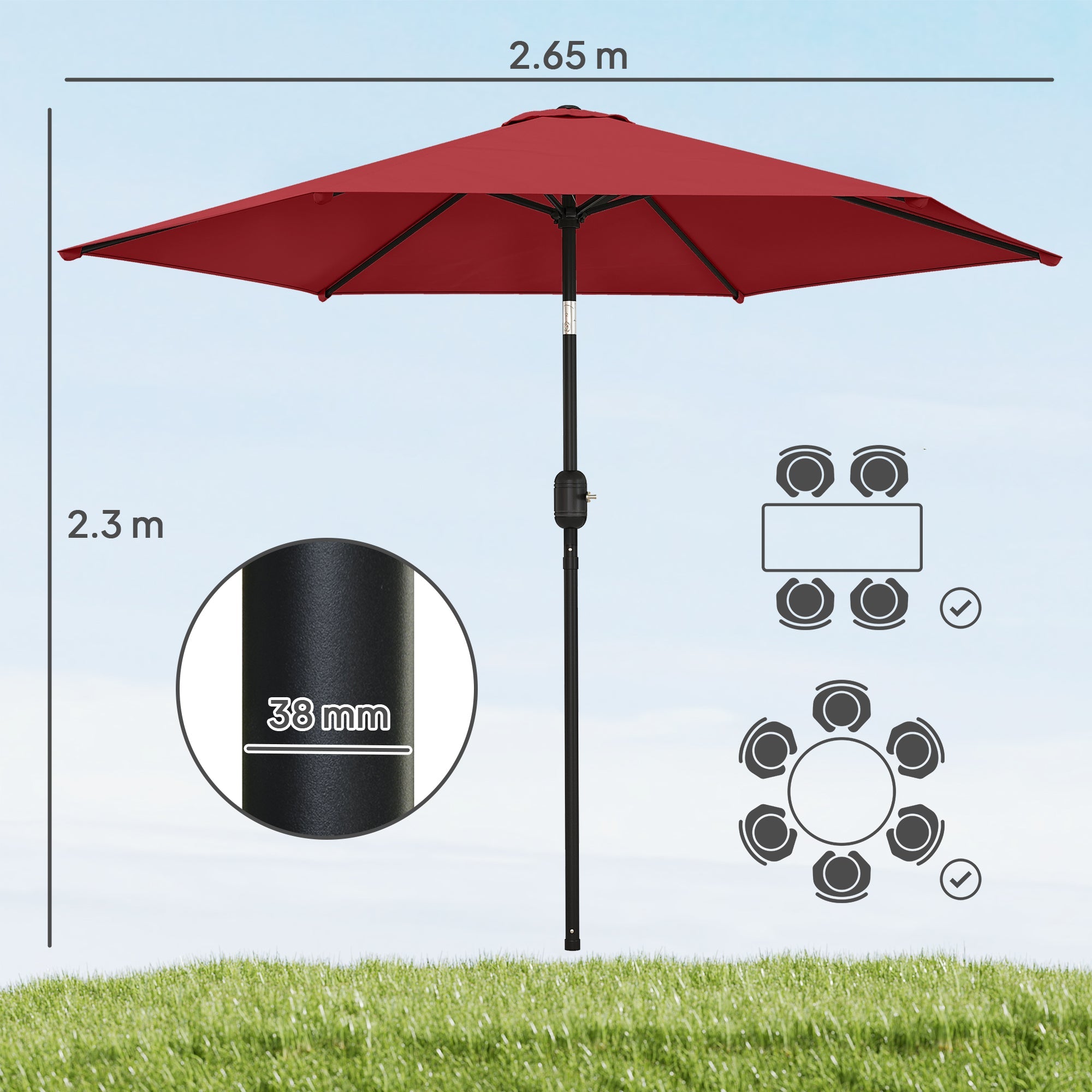 Outsunny 2.6 m Garden Parasol Umbrella with Aluminium Pole, Outdoor Patio Umbrella with Tilt and Crank, Vent, Wine Red