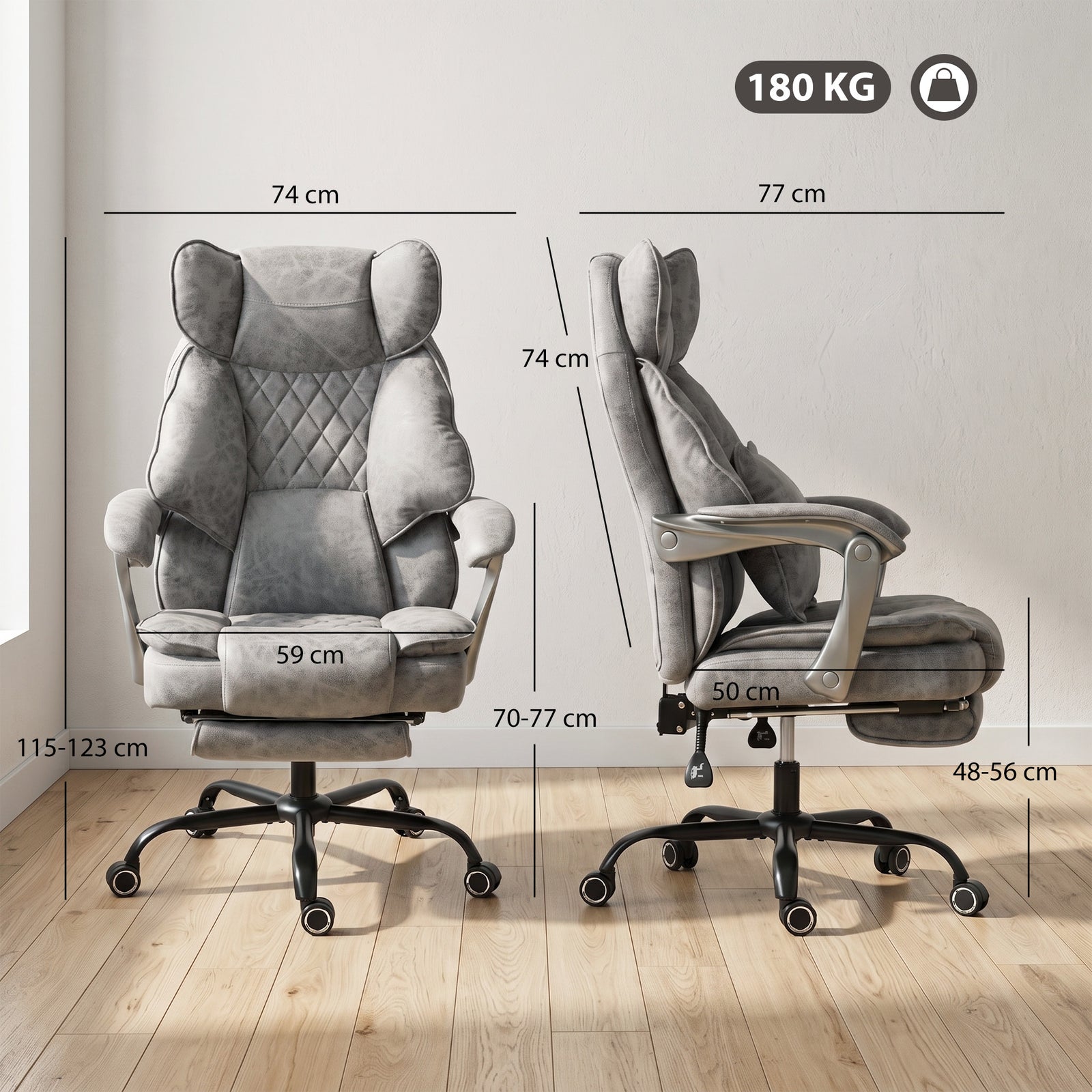 HOMCOM Executive Office Chair, Leathaire Big and Tall Office Chair 180 kg with Wide Seat, Reclining, Lumbar Support, Grey