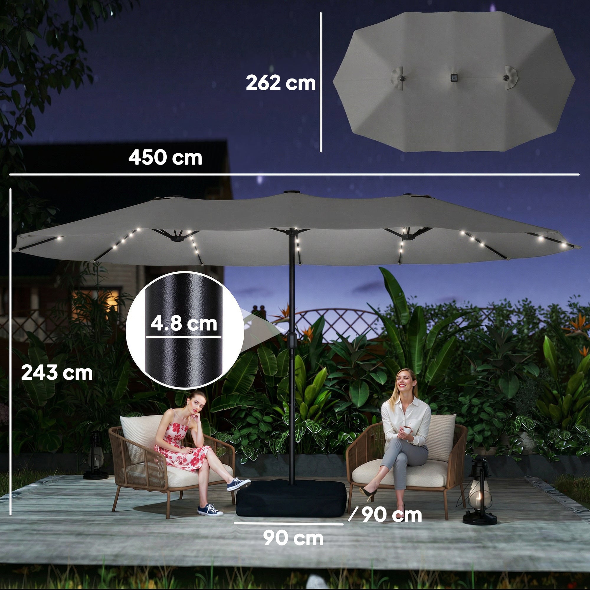 Outsunny Patio Umbrella Double-Sided Outdoor Umbrella with Solar Lights Base, Grey