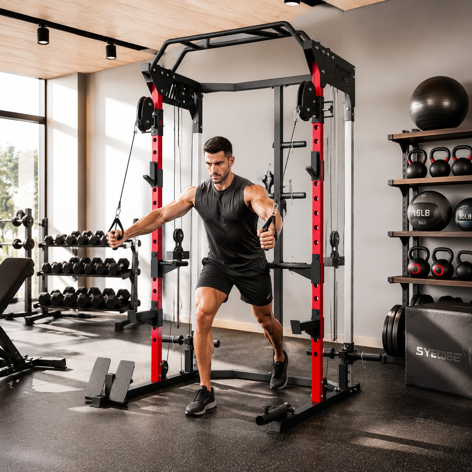SPORTNOW Power Cage, Power Rack with Adjustable Cable Pulley System, Pull-Up Bar, Dip Station, Landmine