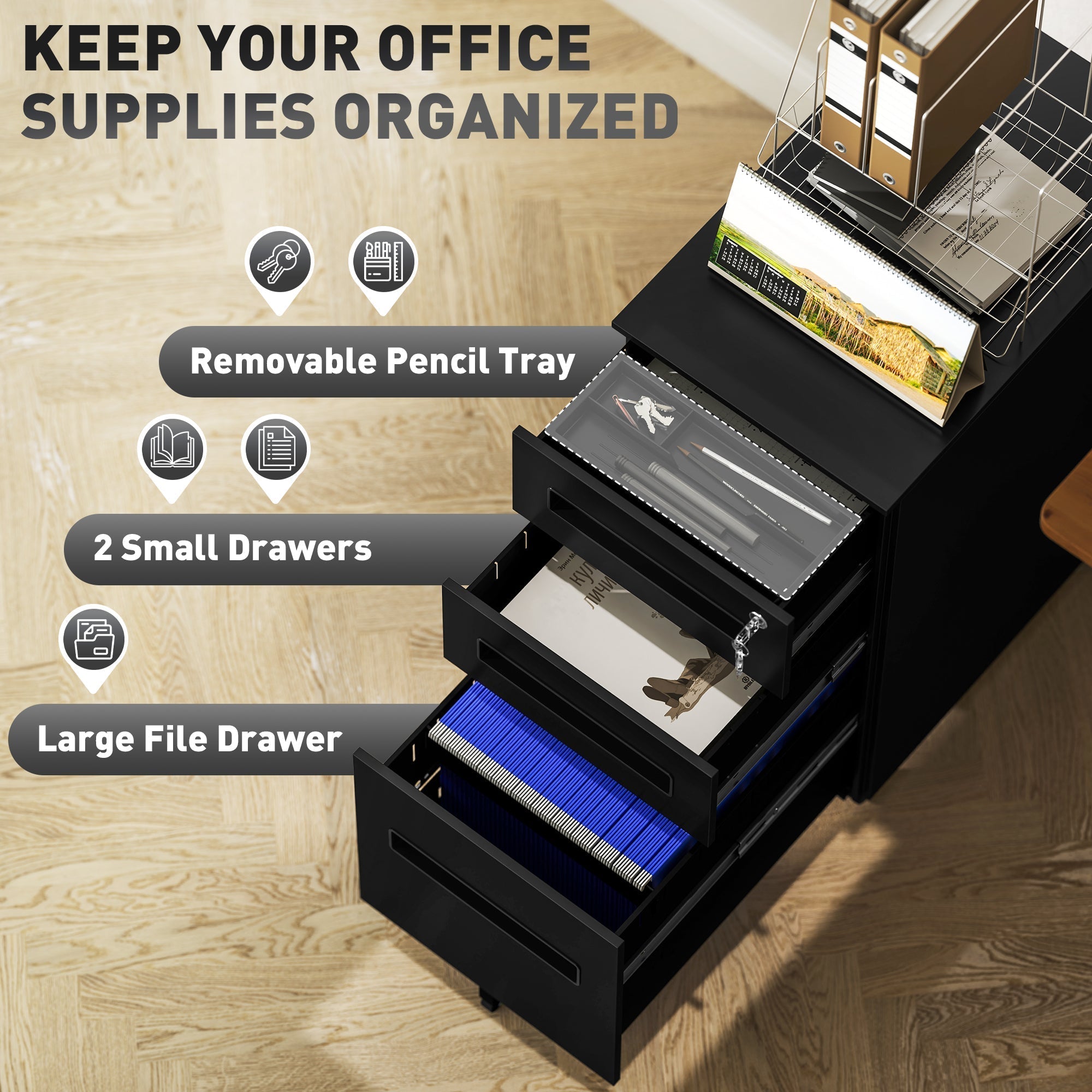 Vinsetto Three-Drawer Steel Filing Cabinet - Black