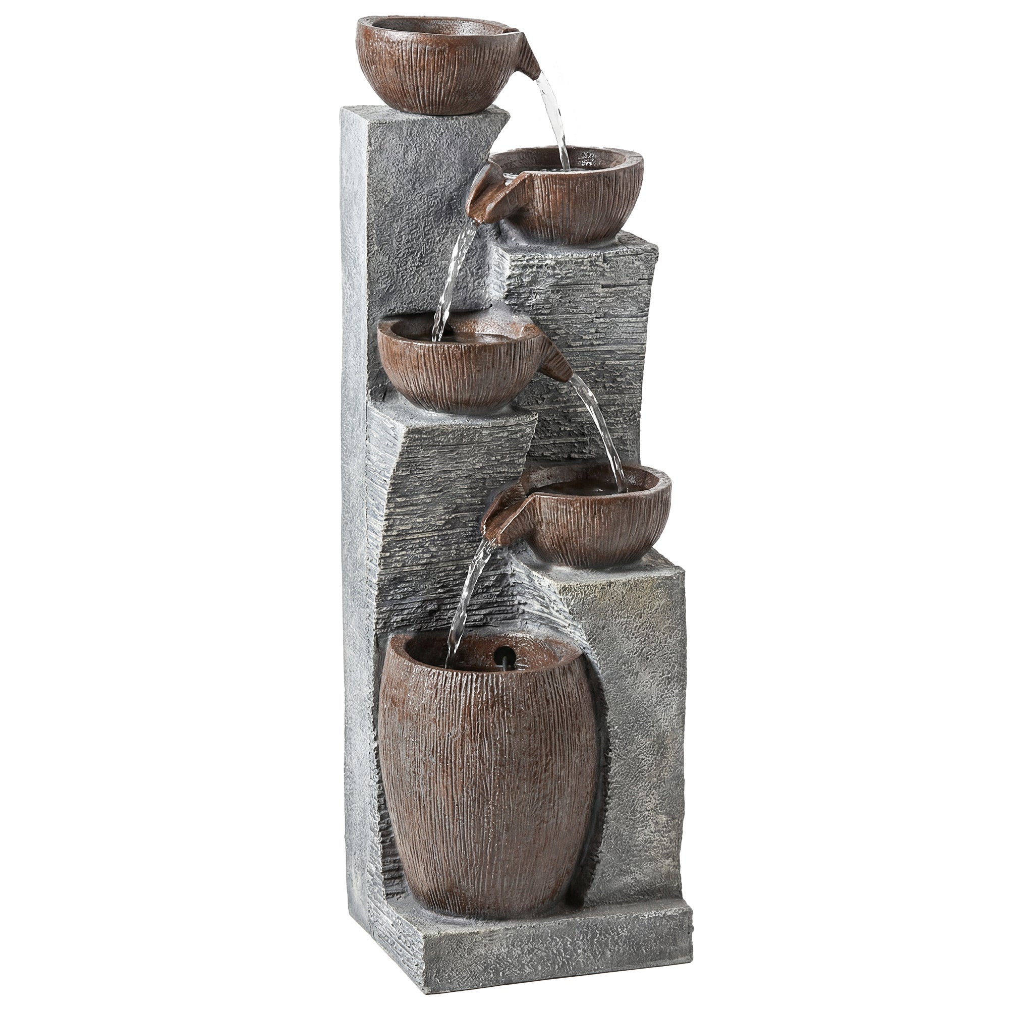 Outsunny Outdoor Fountain with 5-Tier, Garden Fountain with LED Lights, Adjustable Flow, Grey and Rustic Brown