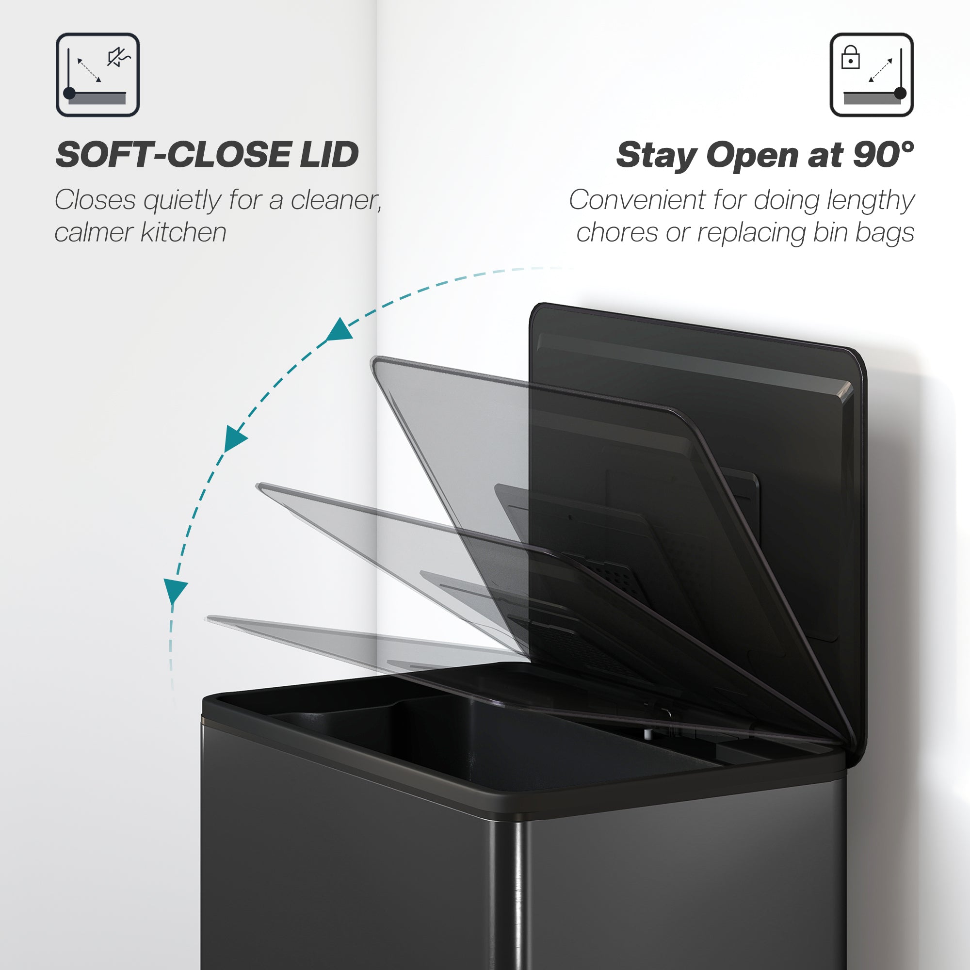 HOMCOM 45L Kitchen Bin, Pedal Bin with Soft-Close and Stay-Open Lid, Removable Inner Bucket, Odor Control for Kitchen, Office