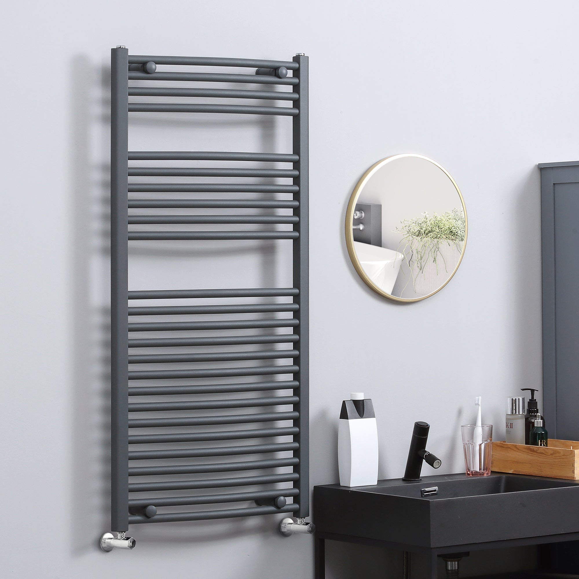HOMCOM Curved Heated Towel Rail, Hydronic Bathroom Ladder Radiator Towel Warmer For Central Heating 600mm x 1200mm, Grey