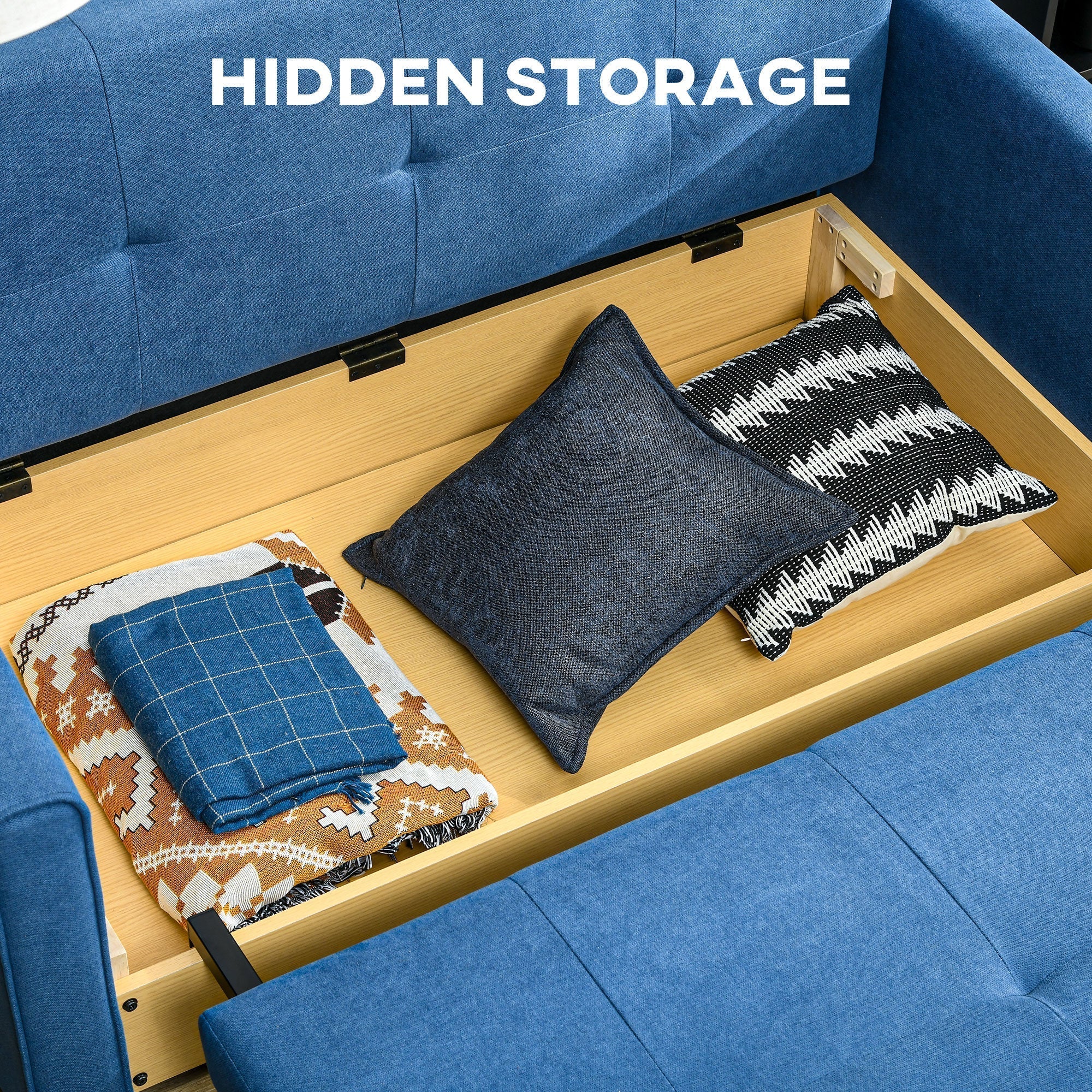 HOMCOM 2 Seater Sofa Bed, Convertible Bed Settee, Modern Velvet Loveseat Sofa Couch with 2 Cushions, Hidden Storage for Living Room, Guest Room, Deep Blue