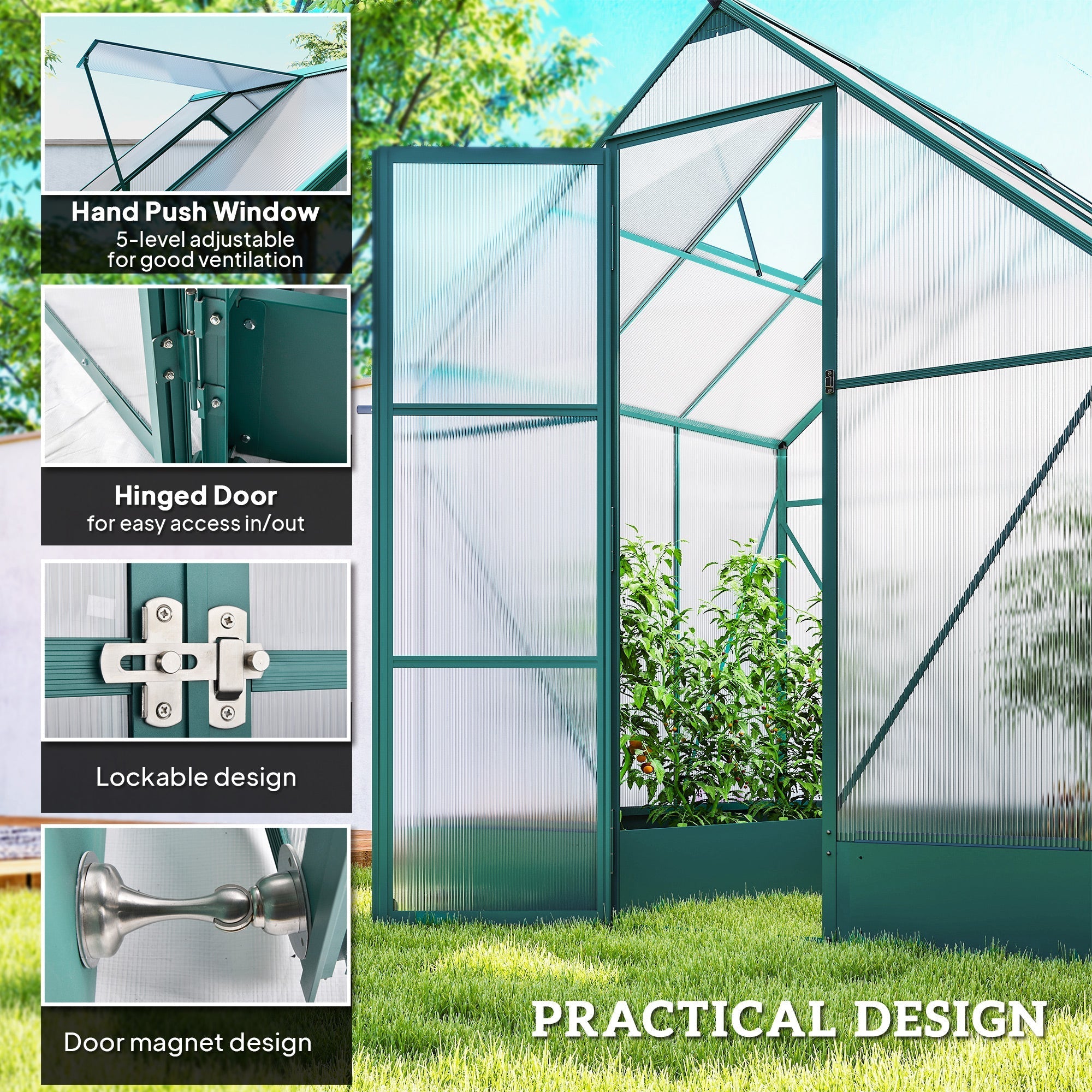 Outsunny 6x6 FT Polycarbonate Greenhouse with Base and Raised Bed, Walk-in Greenhouse with Aluminium Frame, Temperature Controlled Window, Foundation for Plants, Flowers, Vegetable
