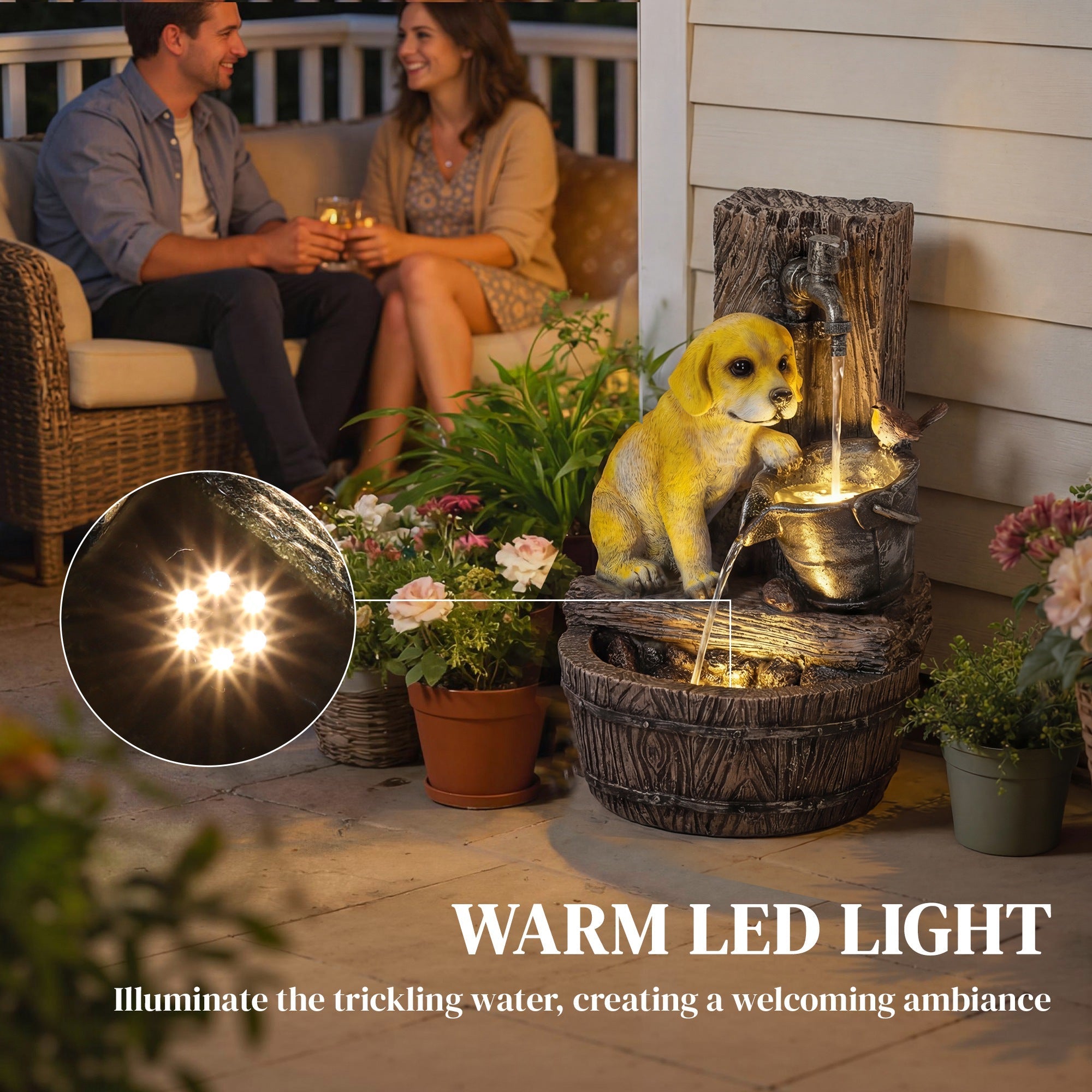 Outsunny Garden Water Feature with 3-Tier Rustic Puppy Design, Freestanding Resin with LED Lights, Adjustable Flow, Rustic Brown