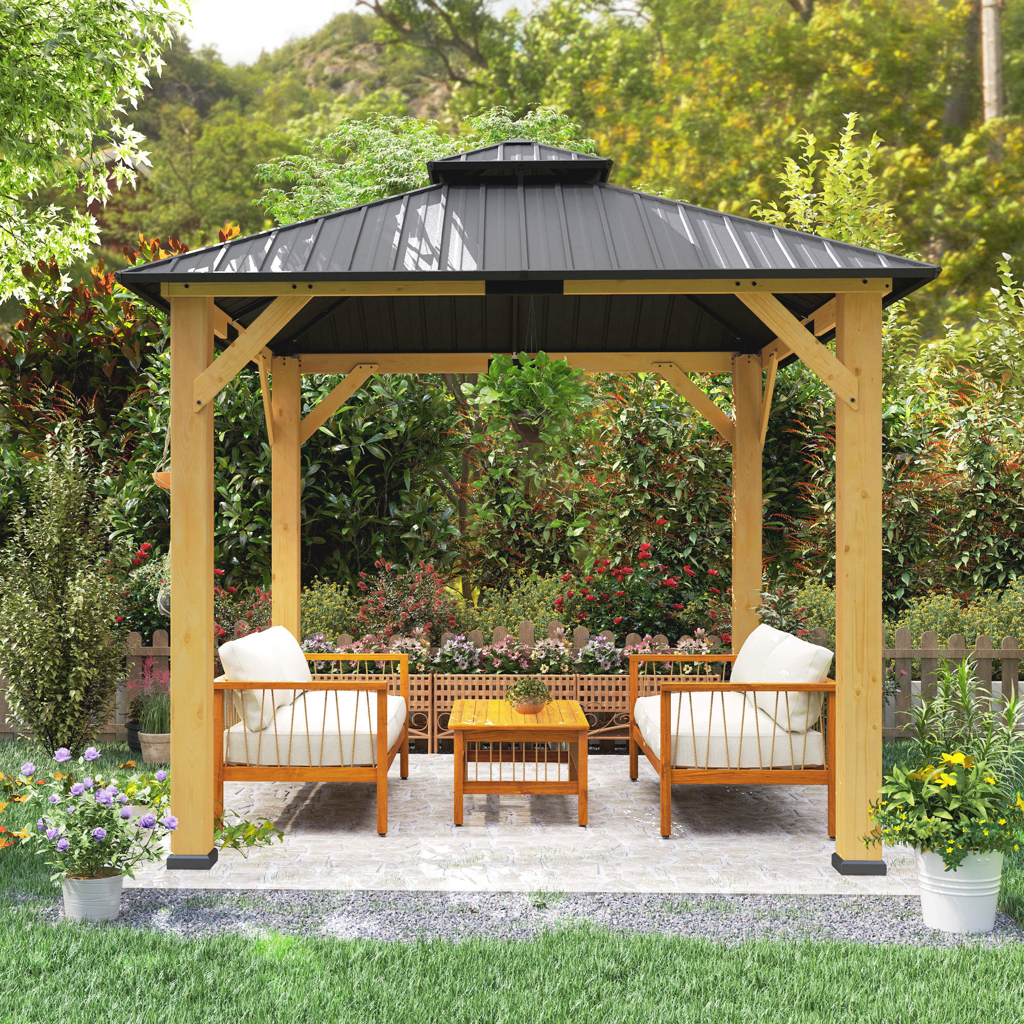 Outsunny 3x(3)M Outdoor Hardtop Gazebo Canopy with 2-Tier Roof and Solid Wood Frame, Outdoor Patio Shelter for Patio, Garden, Grey