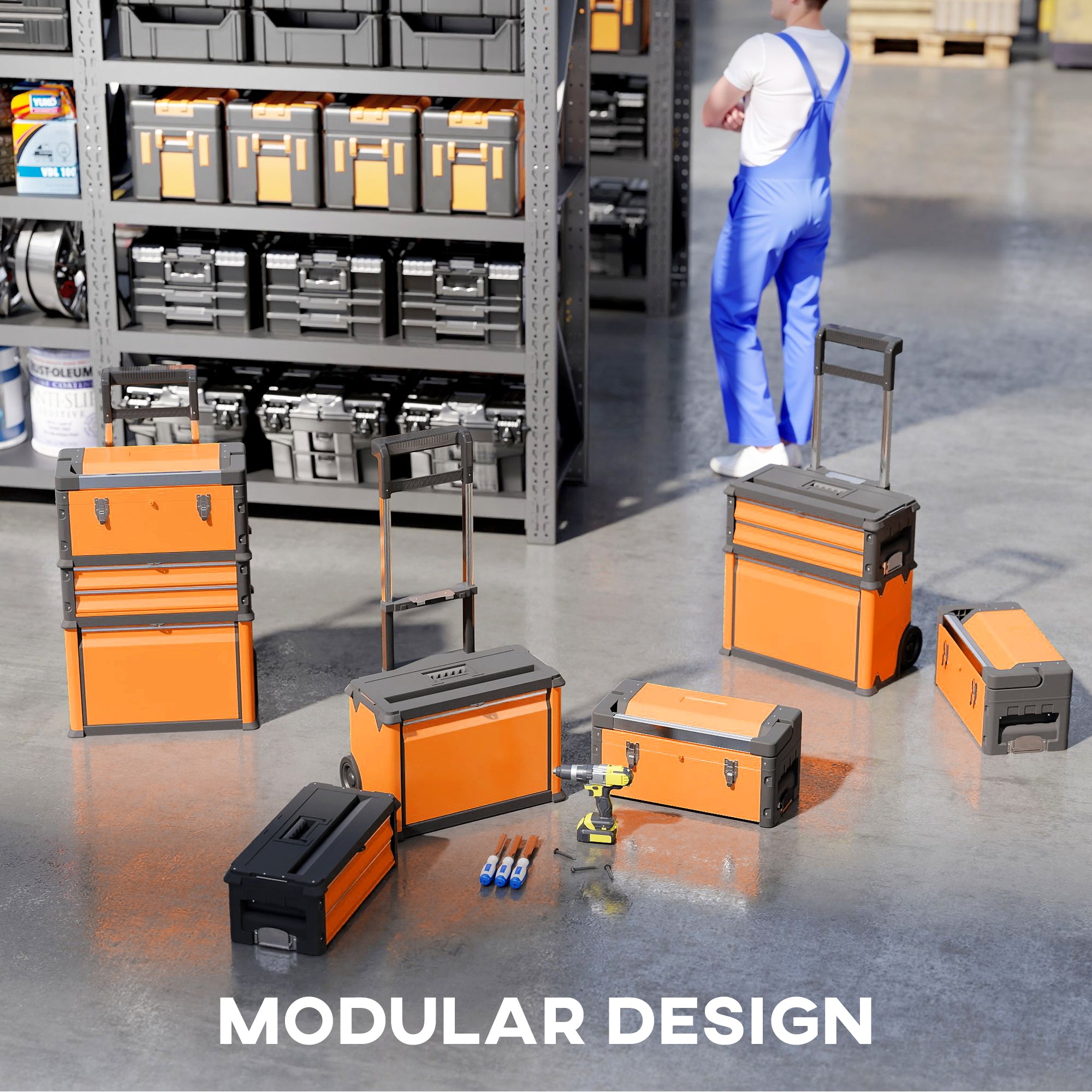 HOMCOM 3-in-1 Stackable Rolling Tool Box - Orange