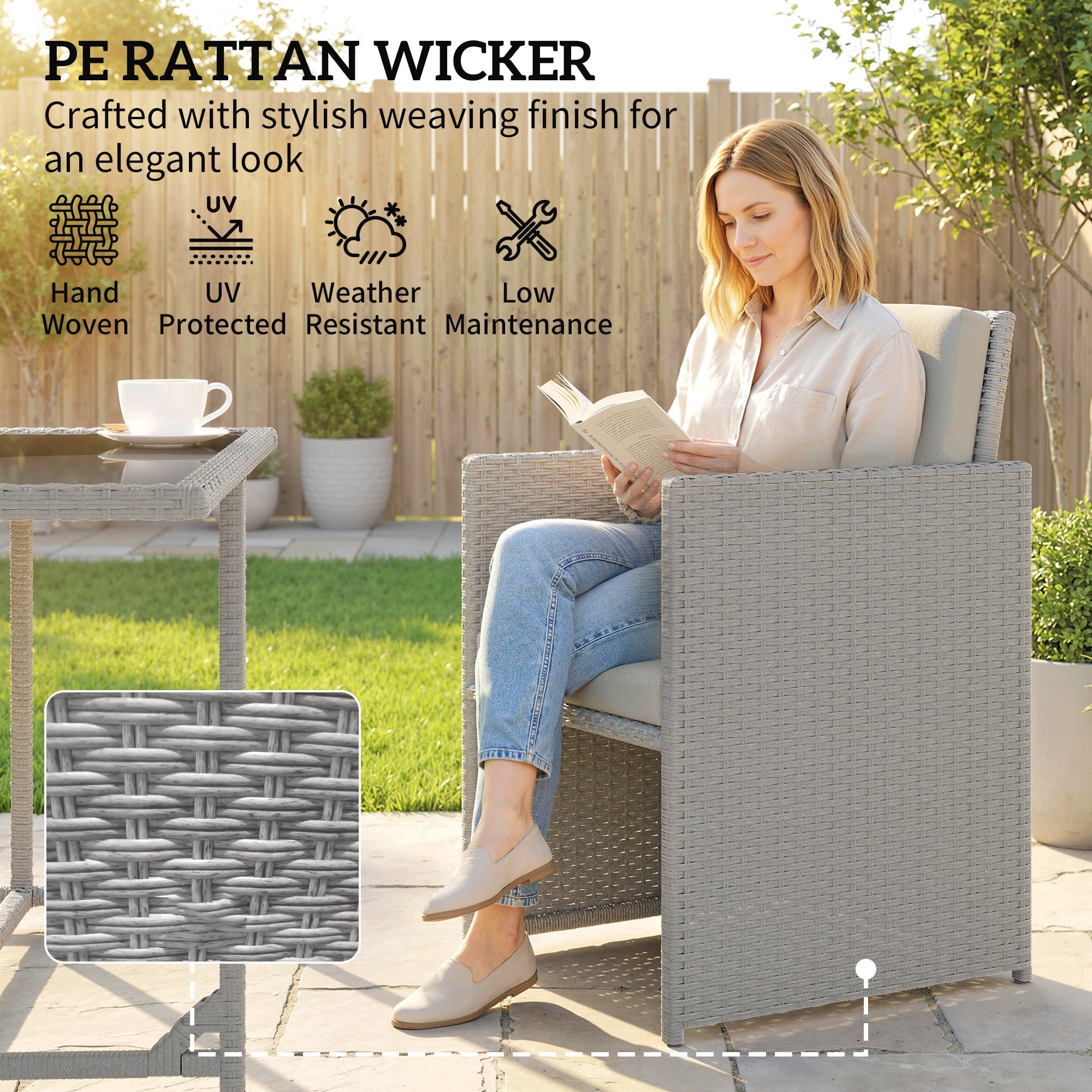 Outsunny 9 Piece Rattan Cube Garden Furniture Dining Set with Armchairs, Footstools and Glass-Top Table, Light Grey
